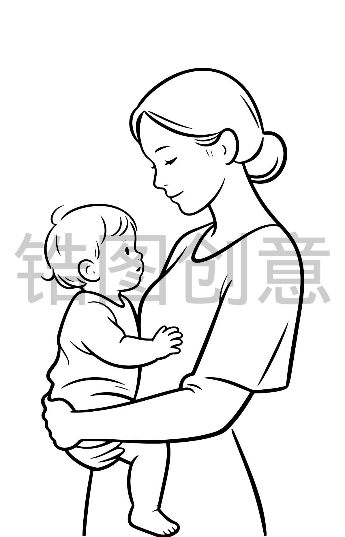 母亲抱着婴儿人物线稿剪影元素