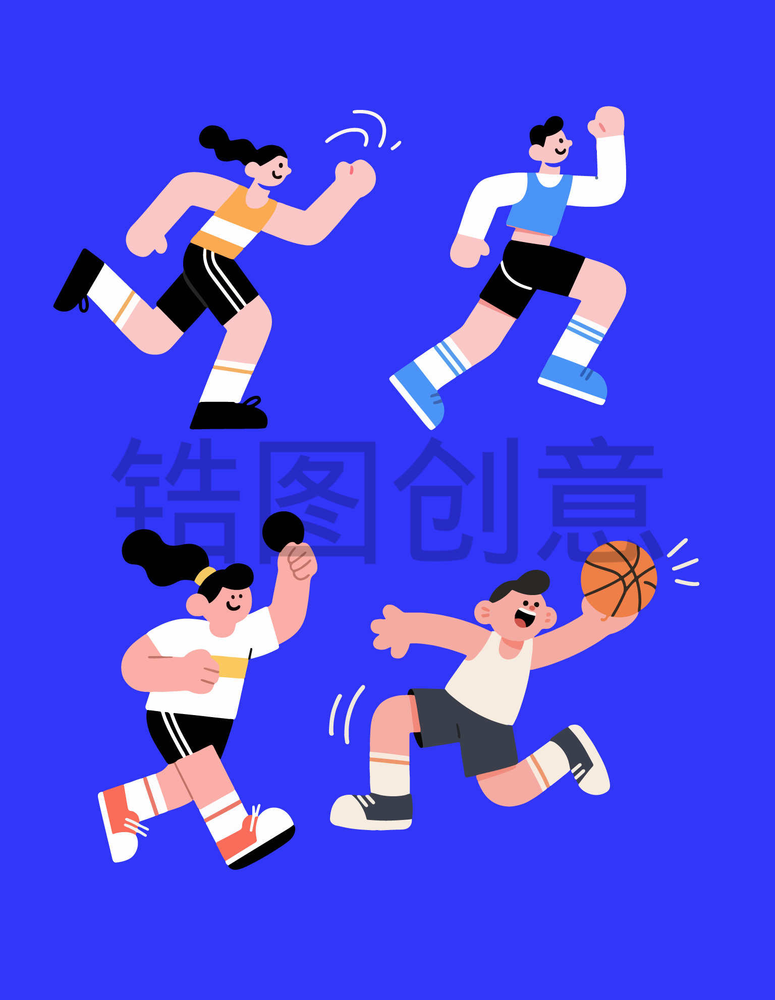 卡通系列-扁平插画卡通打乒乓球篮球跑步运动人物元素