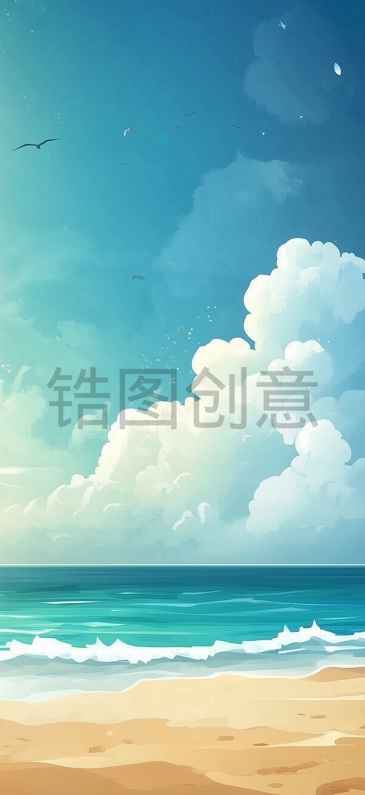 锆图创意-蓝天白云大海自然风景插画