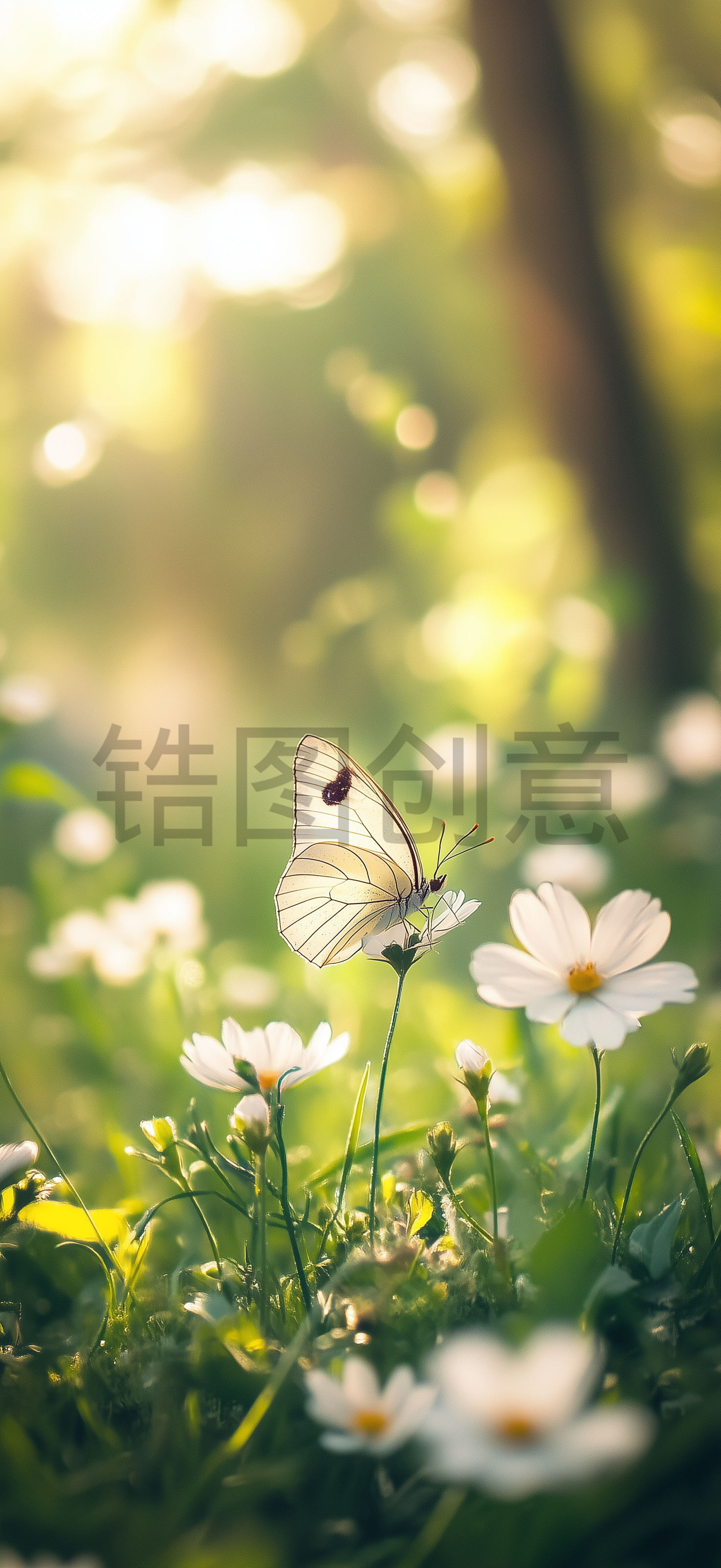 翠绿色叶子花丛草丛上面栖息着一只蝴蝶特写模糊的背景