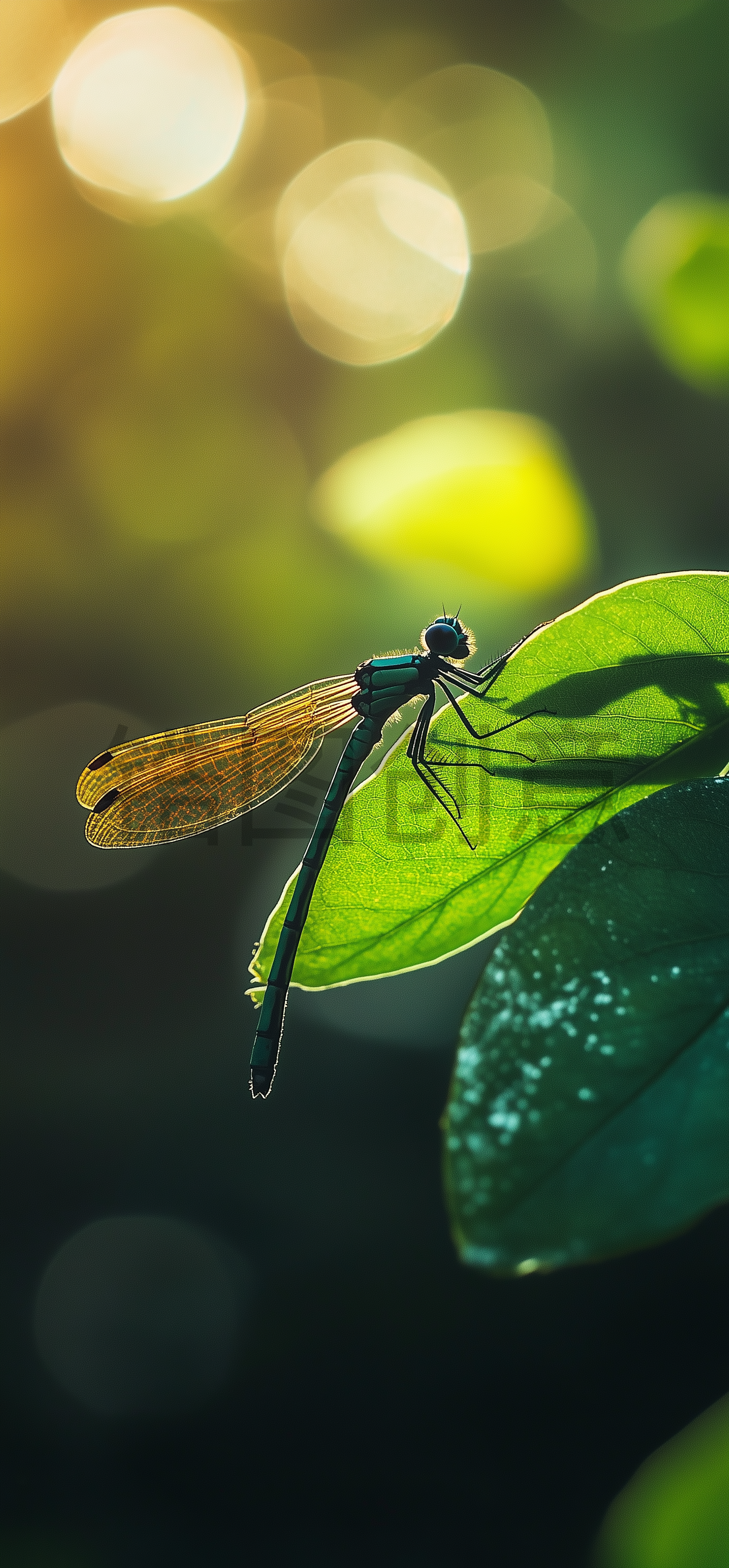 翠绿色叶子上面栖息着一只蜻蜓特写模糊的背景