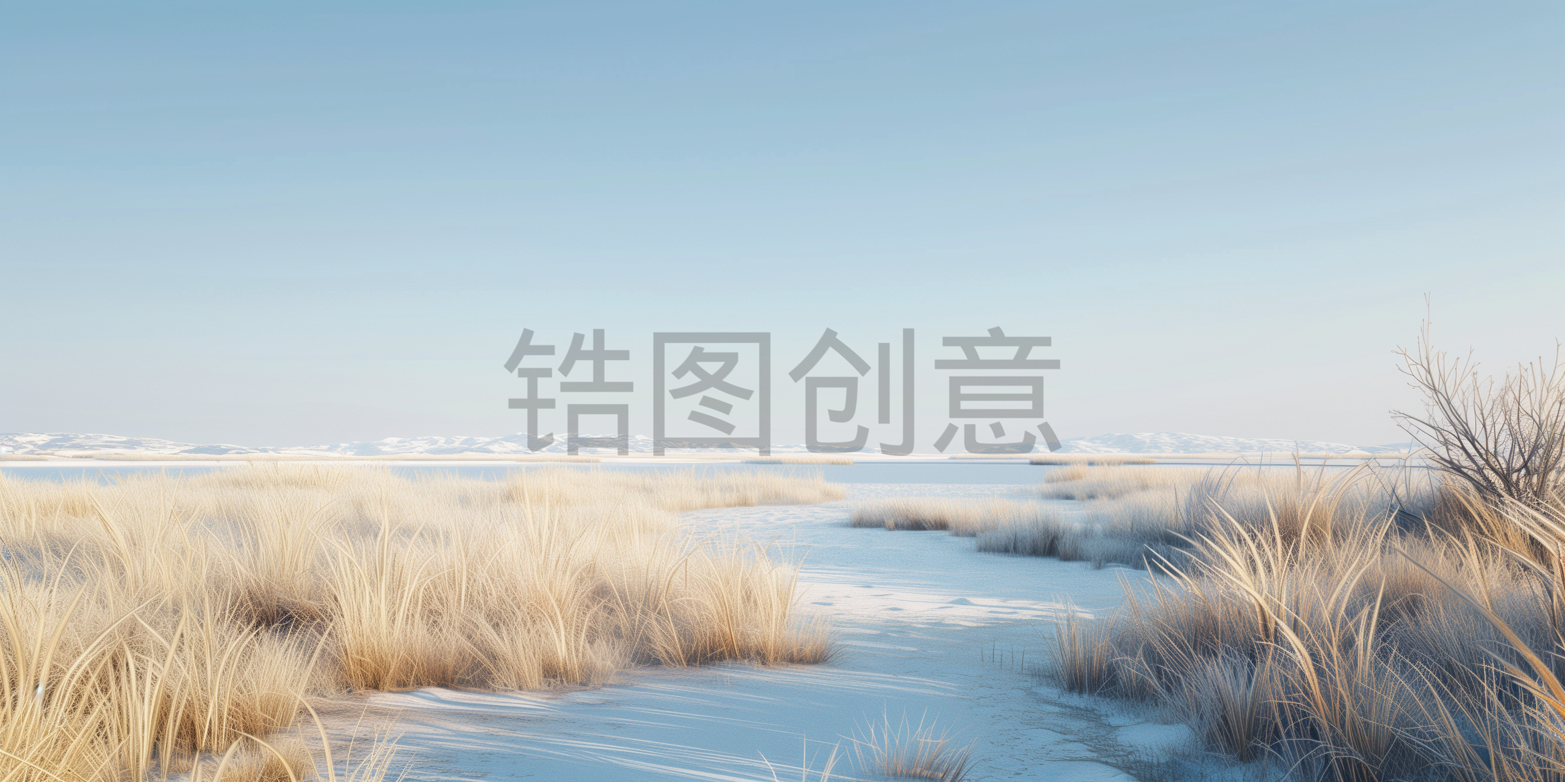 锆图创意-冬日冬天风光系列肌理草地天空河流背景