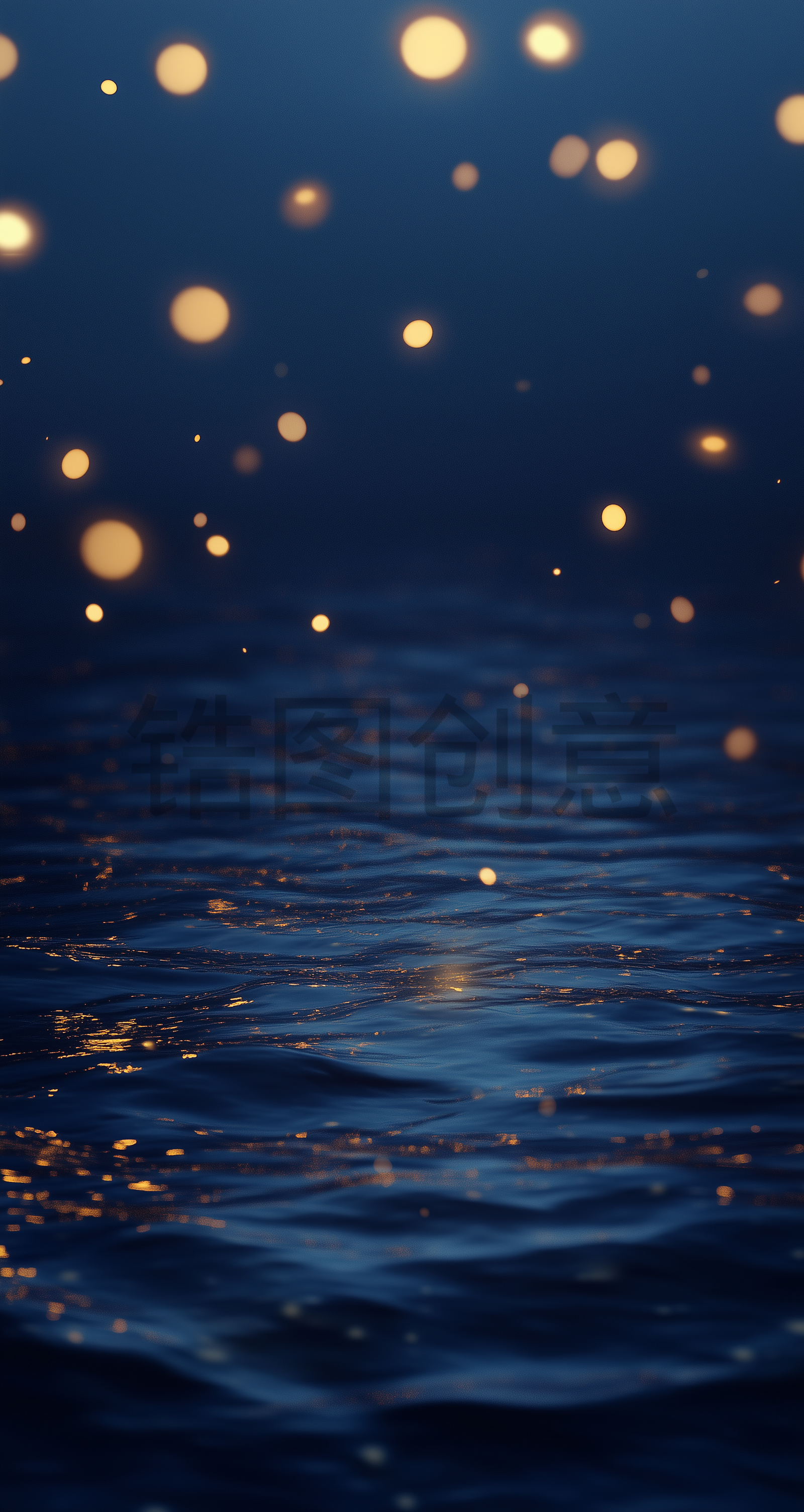 深蓝色抽象背景，黑暗的夜晚海洋，水面，散景效果，闪闪发光的粒子，发光的光点，奇幻，魔幻氛围，美丽，电影感，大气壁纸，模糊，景深