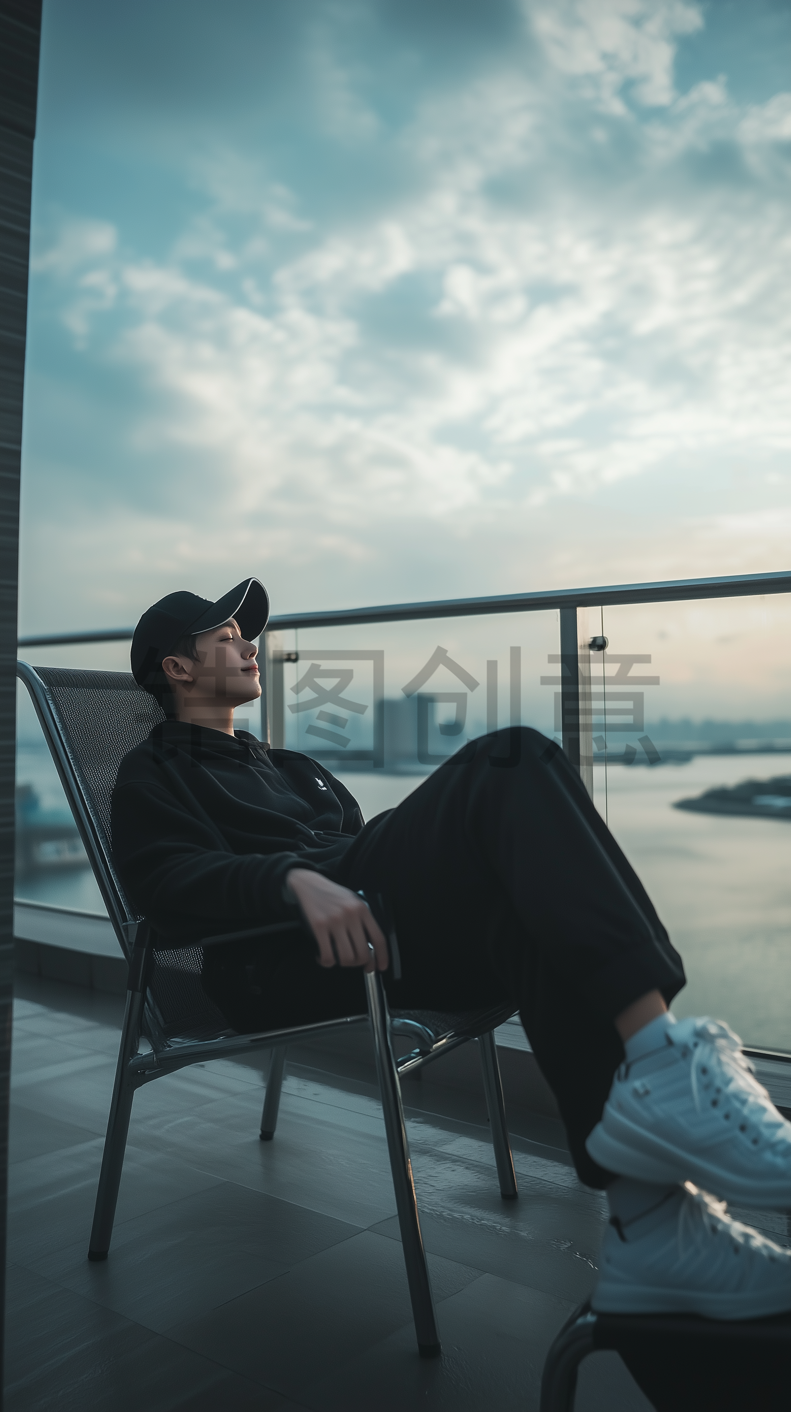 城市阳台坐在椅子上的男人享受生活场景