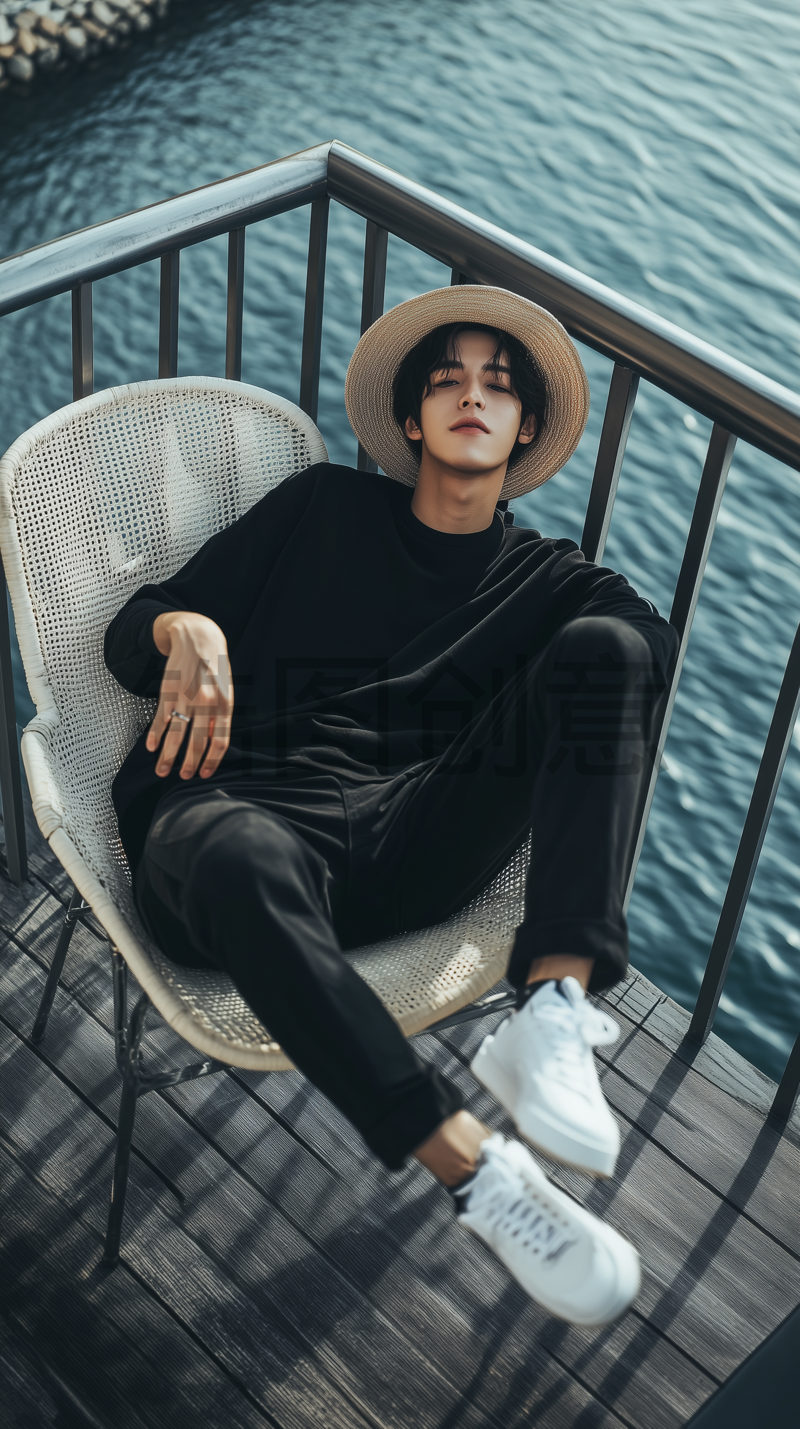 阳台露台坐在椅子上的男人享受生活场景