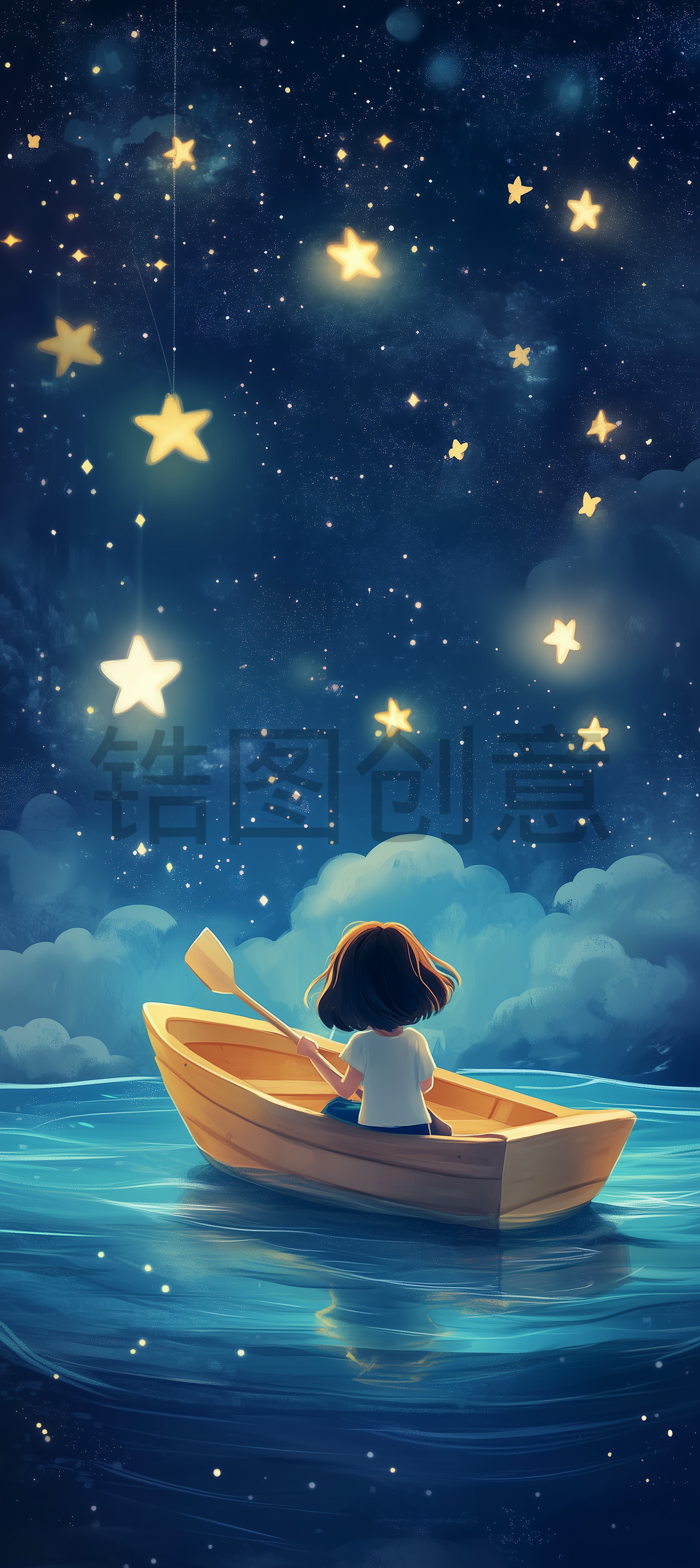 女孩划船手绘人物插画梦幻唯美夜空星空桌面壁纸