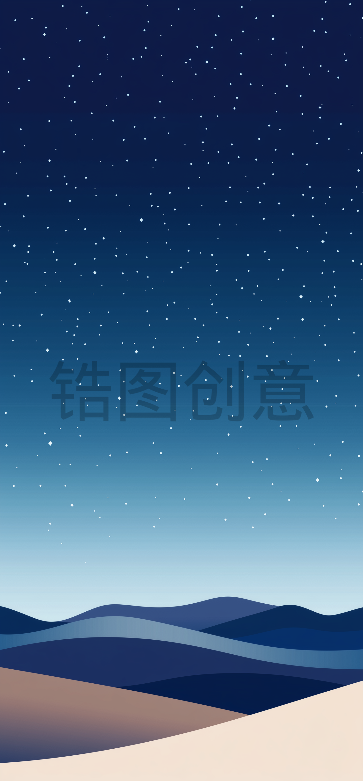 极简风格，沙漠，沙丘，夜间，蓝天，星空，夜空，壁纸，插图