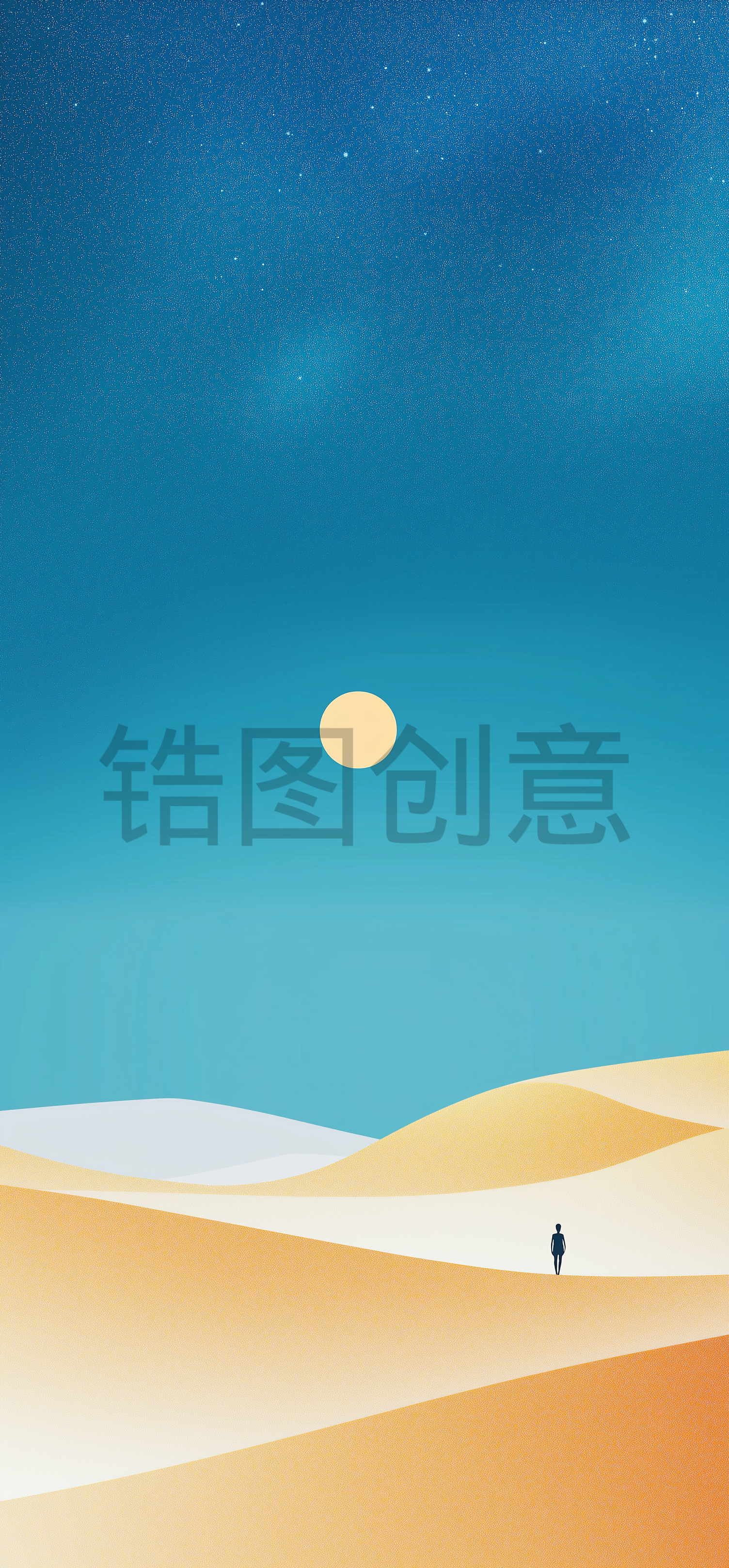 极简风格，沙漠，沙丘，夜间，蓝天，星空，夜空，壁纸，插图