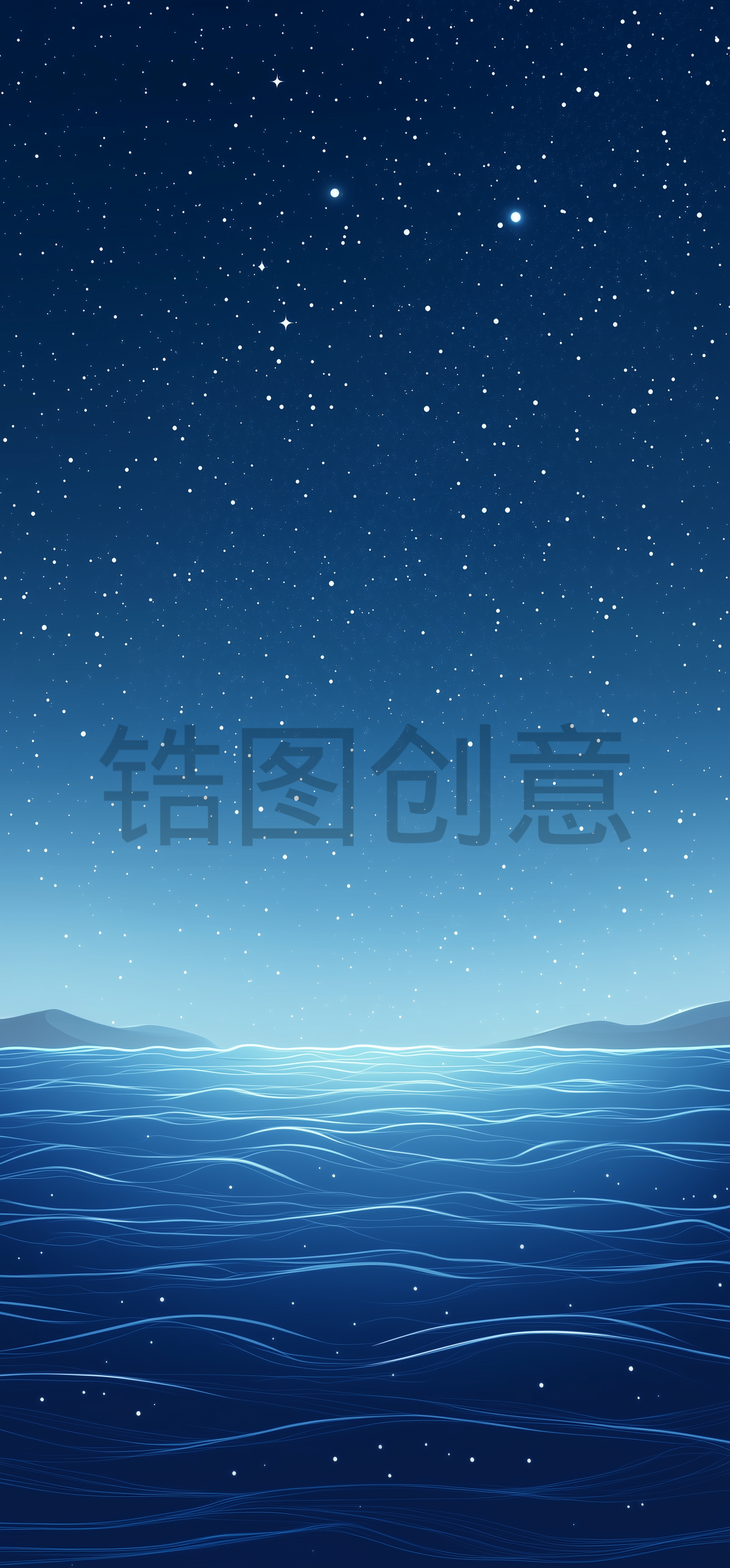 极简风格，海洋，夜间，蓝天，星空，夜空，壁纸，插图