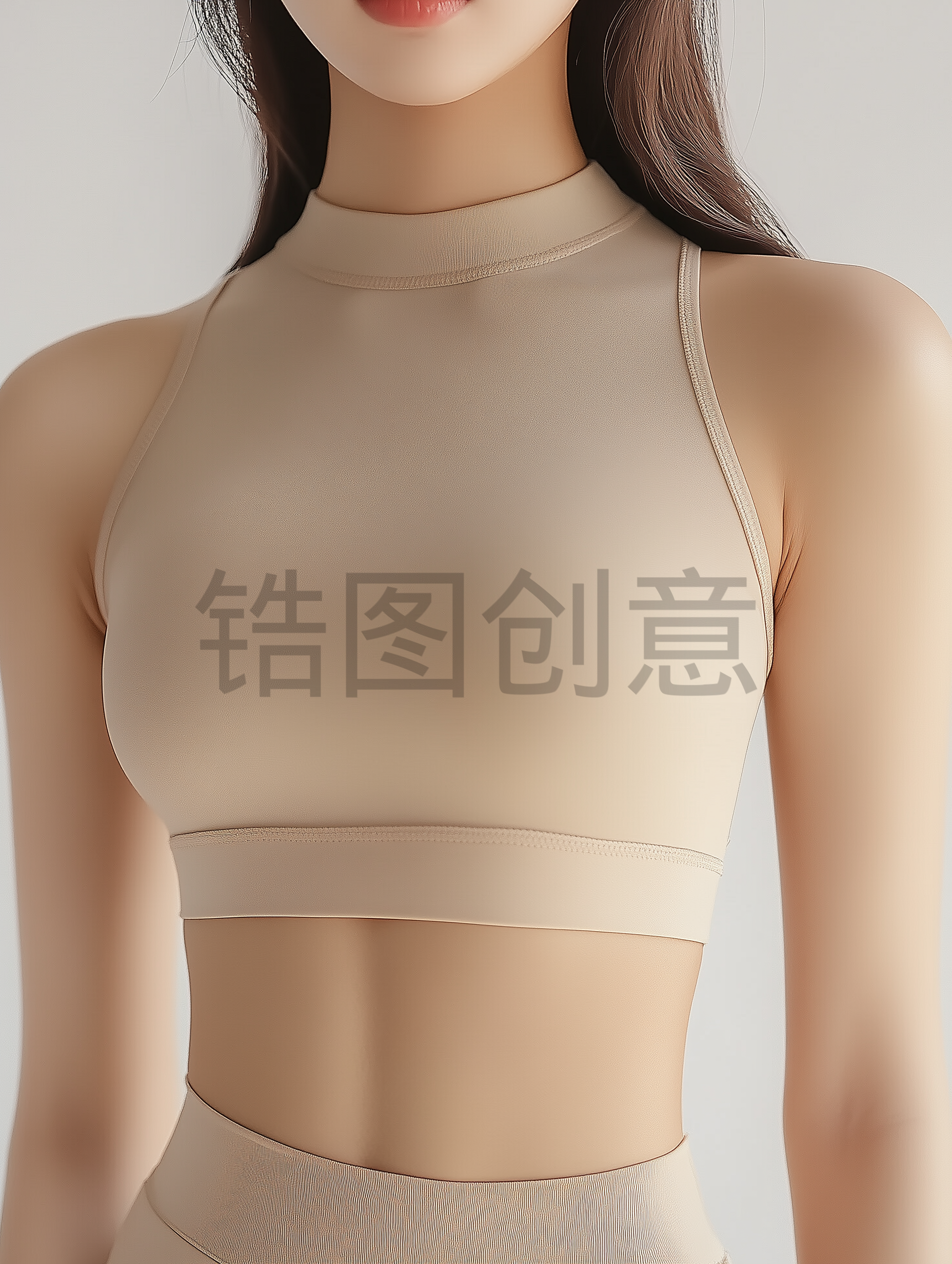 米色上衣的特写，极简风格，模特，健身服，紧身，瑜伽服