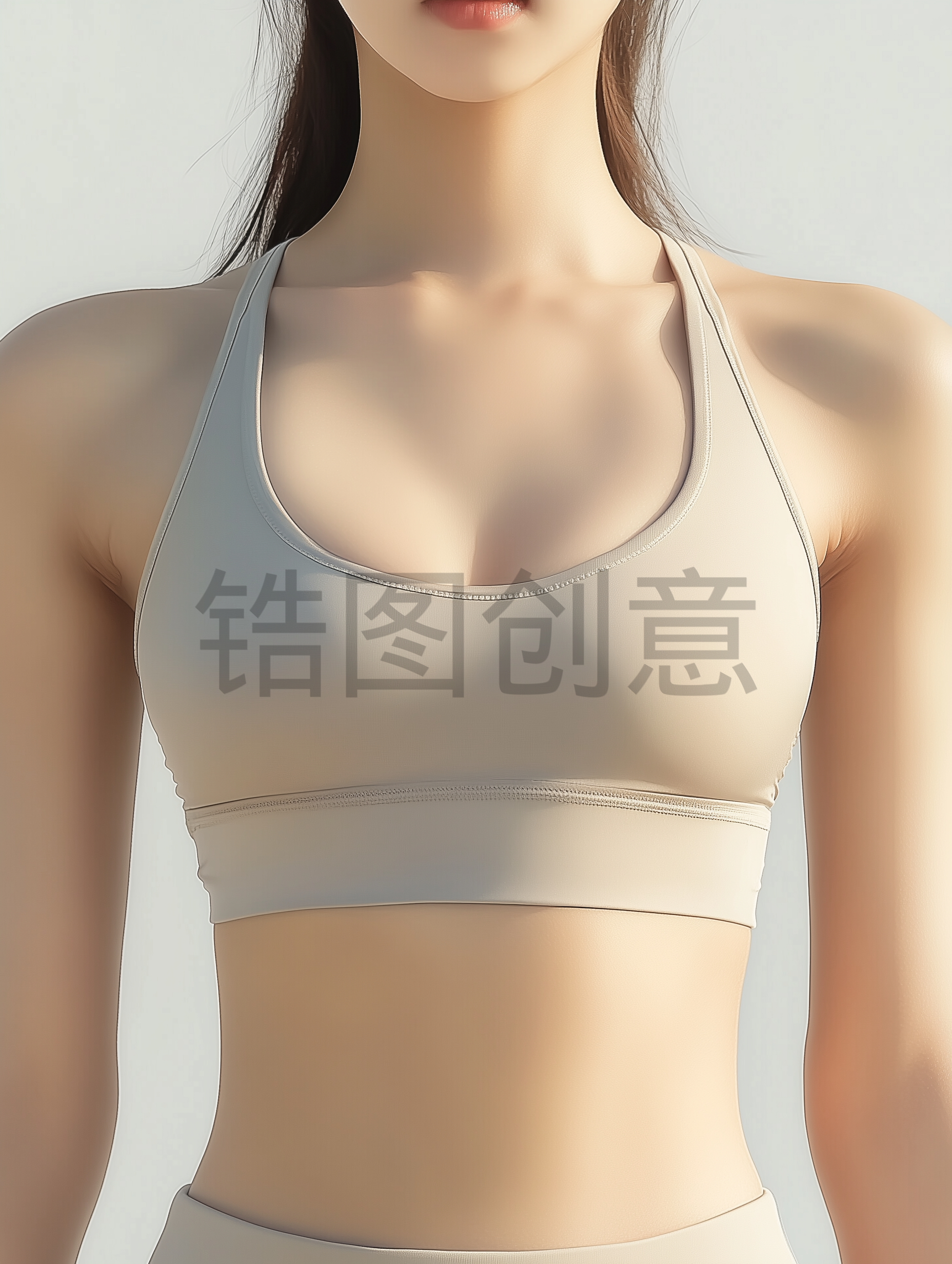 米色上衣的特写，极简风格，模特，健身服，紧身