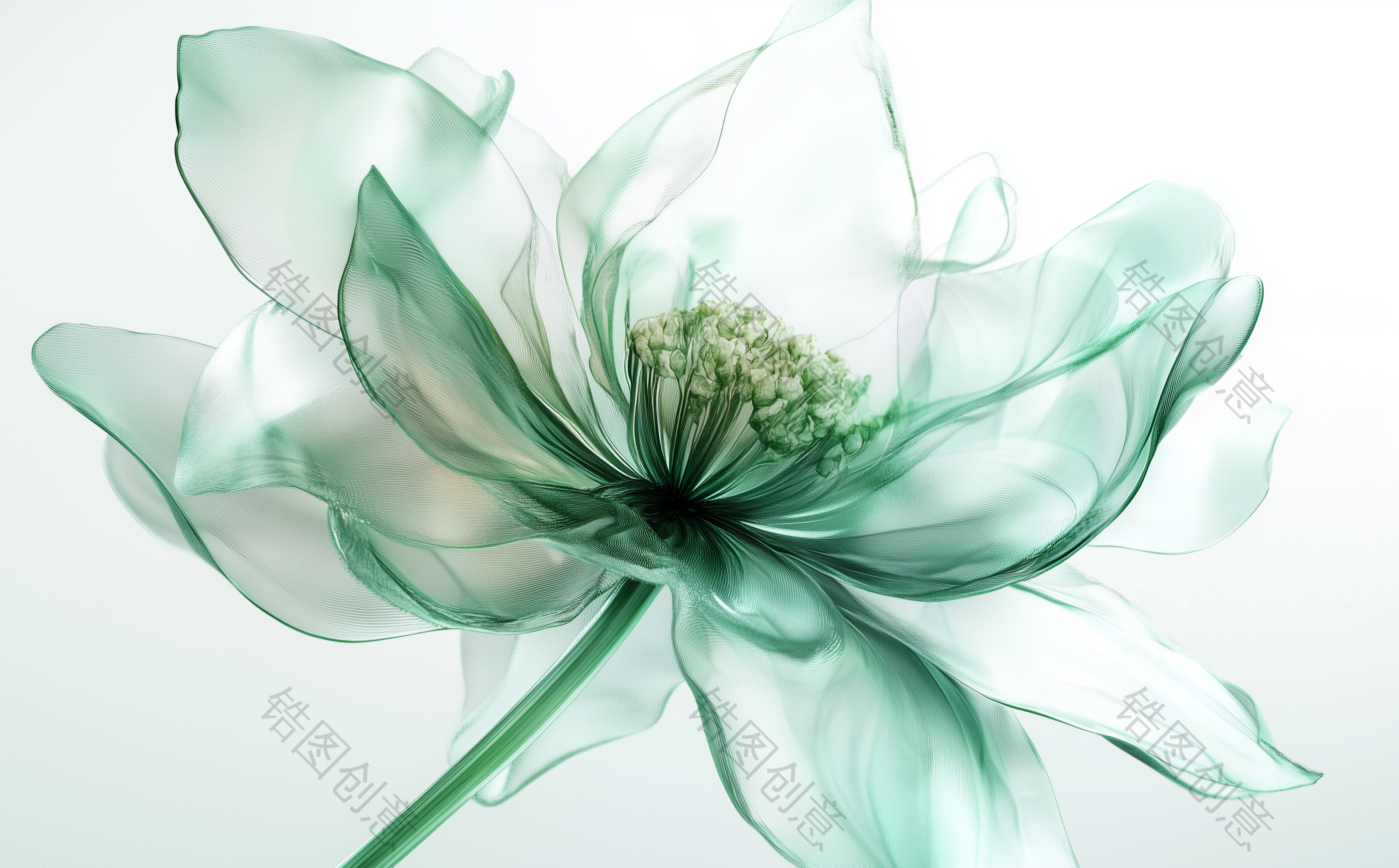 锆图创意-浅绿色3d透明花瓣花朵特写
