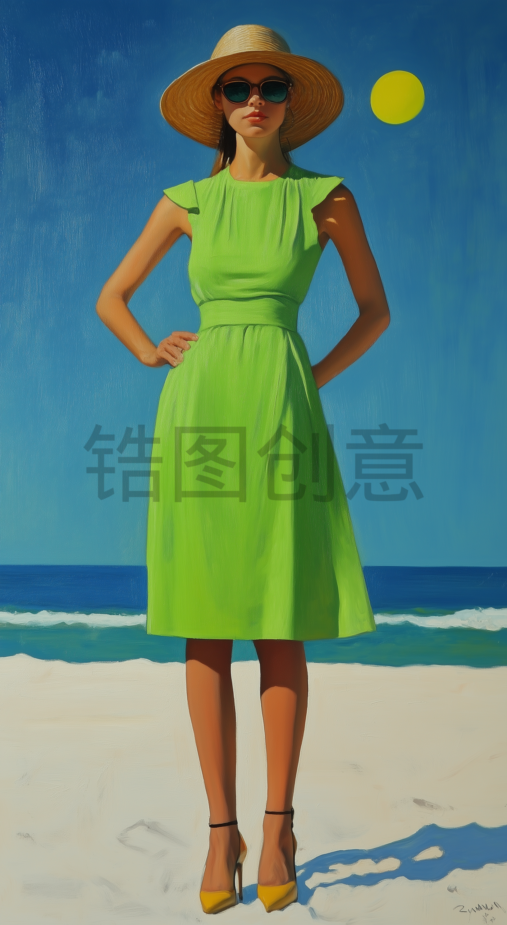 夏天年轻漂亮的国外美女站在海边沙滩上油画素材