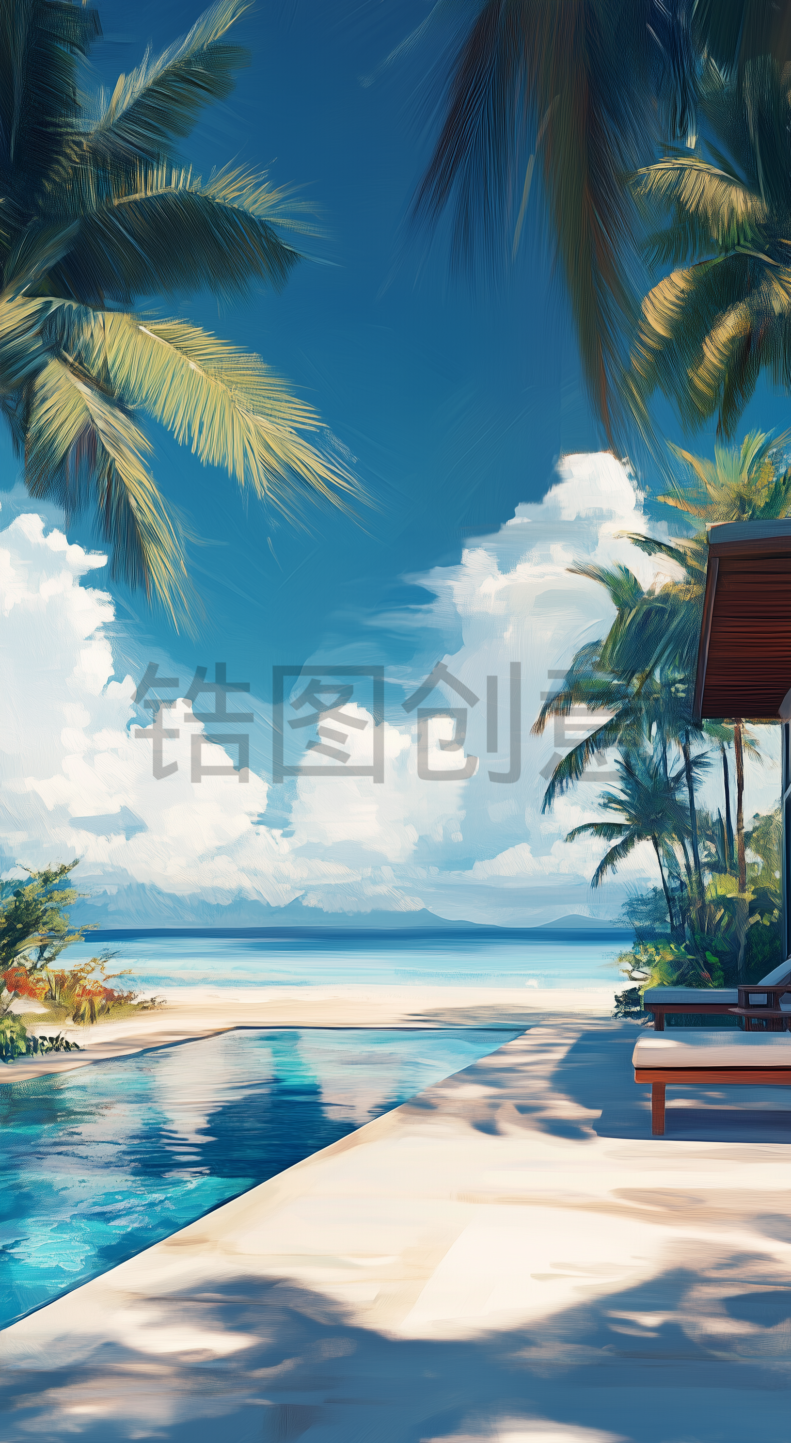 夏天海边泳池棕榈树旅游壁纸油画风景