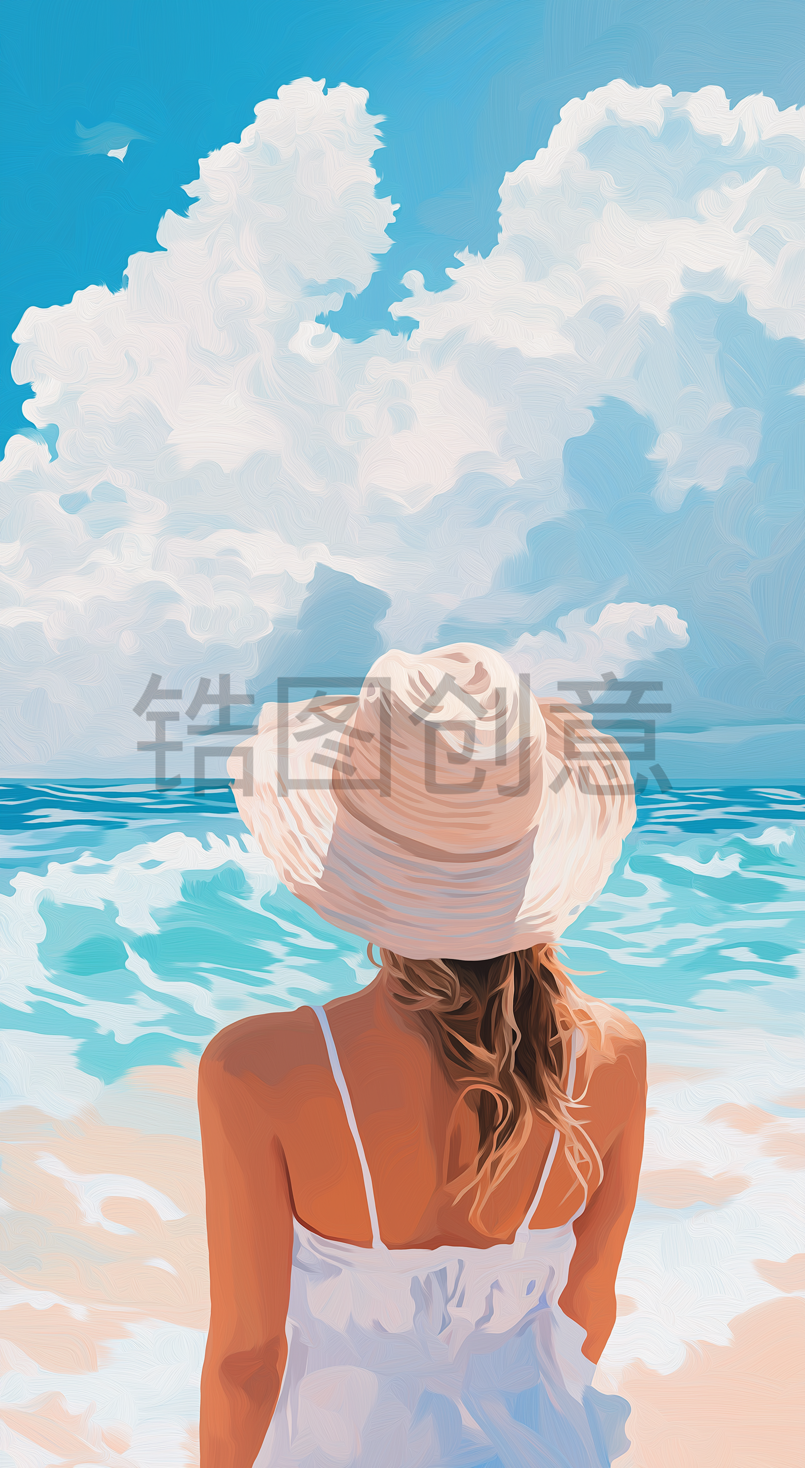 女生，蓝天，大海，油画，背影