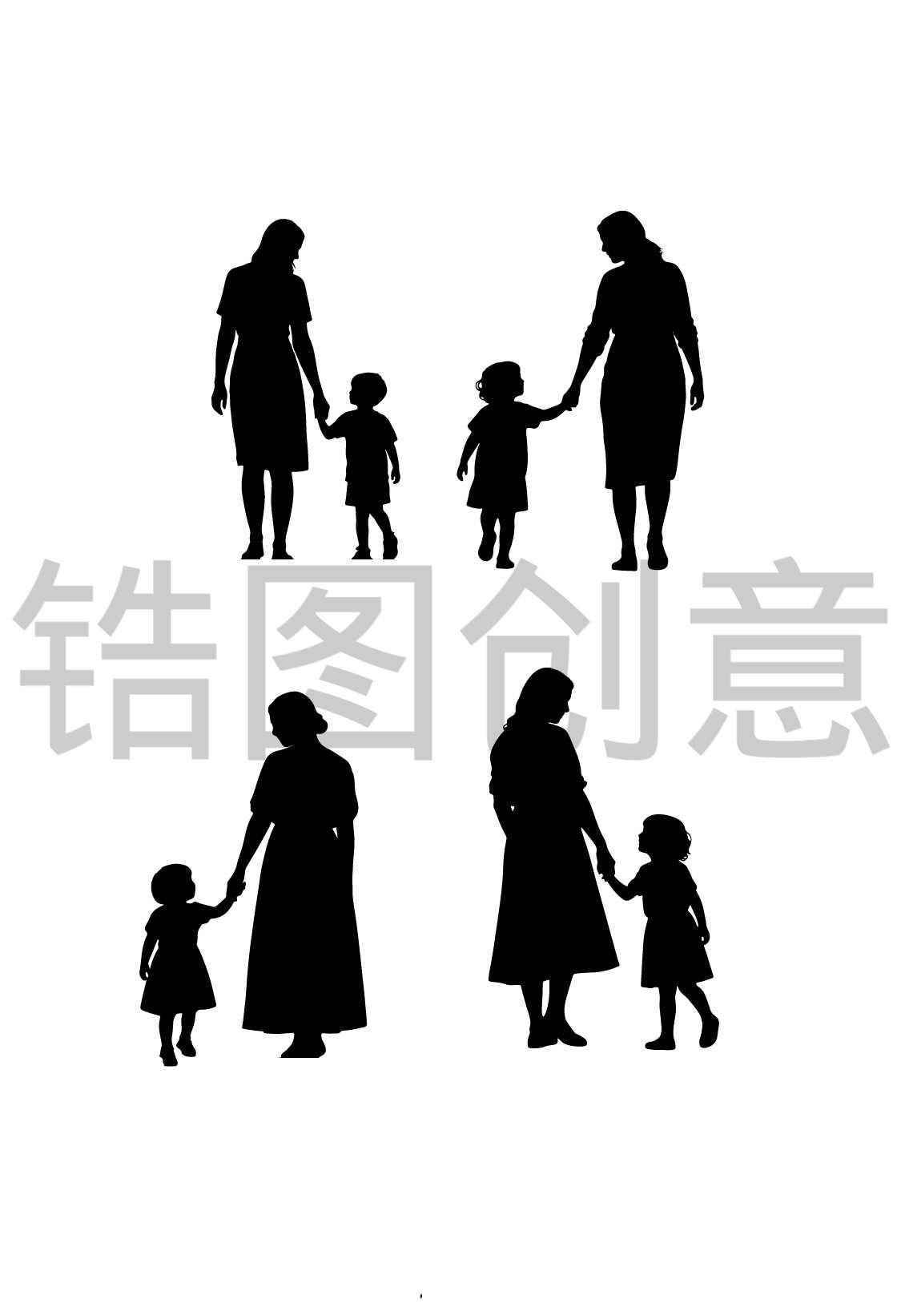 镐图创意-母亲节母亲牵手孩子人物剪影
