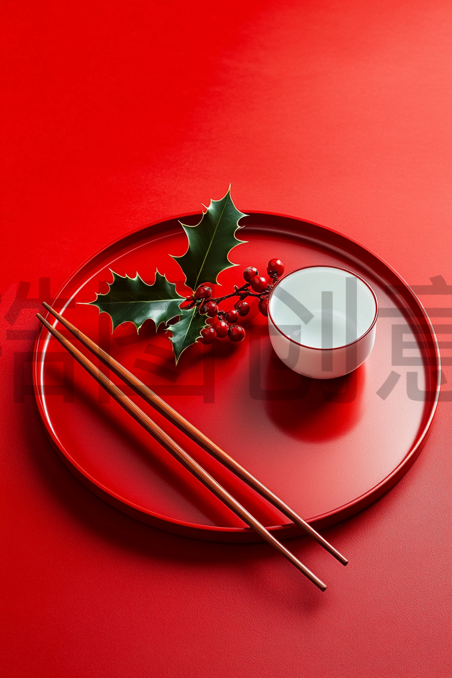 红色餐饮中式酒杯盘子筷子新年概念