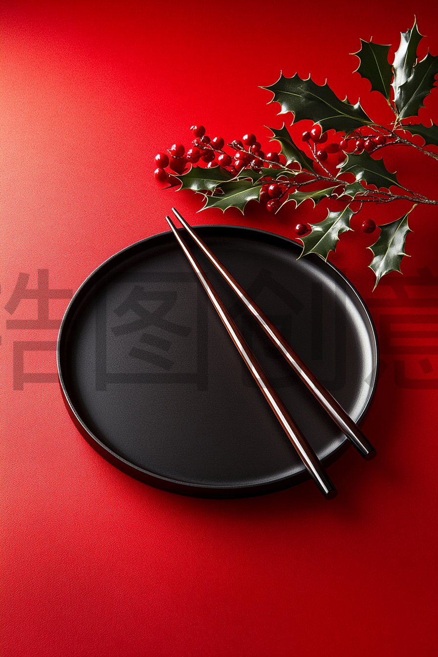 红色中式盘子餐筷子新年概念