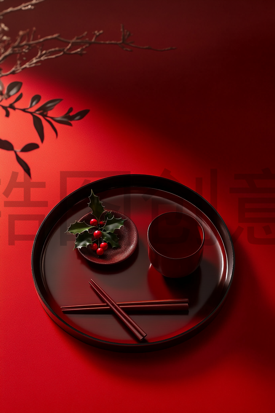 红色餐饮盘子碗筷子新年概念
