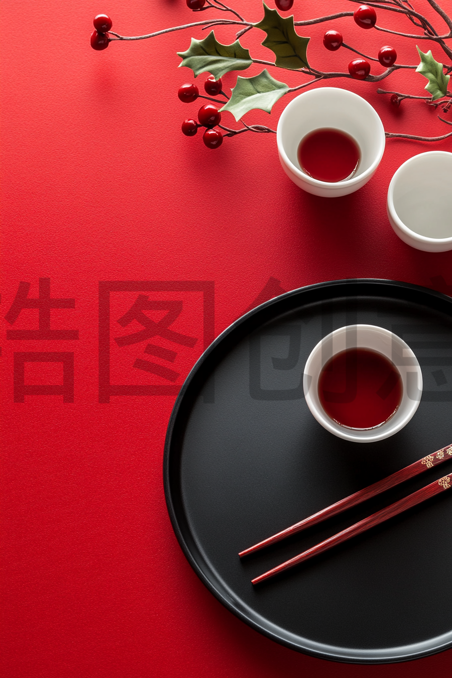 红色餐饮中式酒杯盘子筷子新年概念俯视视角
