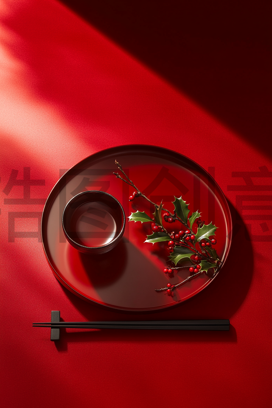 红色餐具盘子筷子新年概念俯视视角