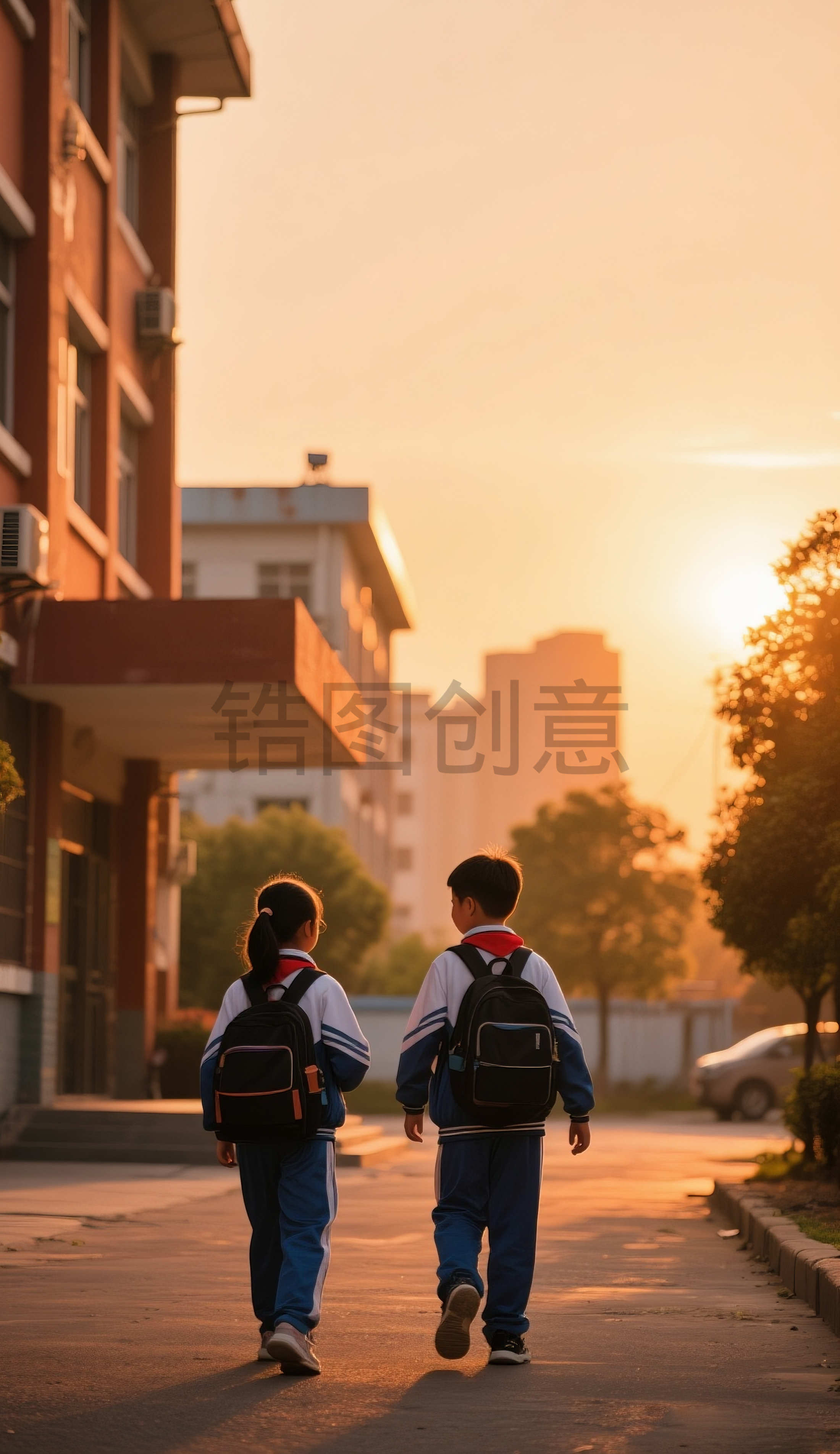 教育系列小学生放学路上背影场景