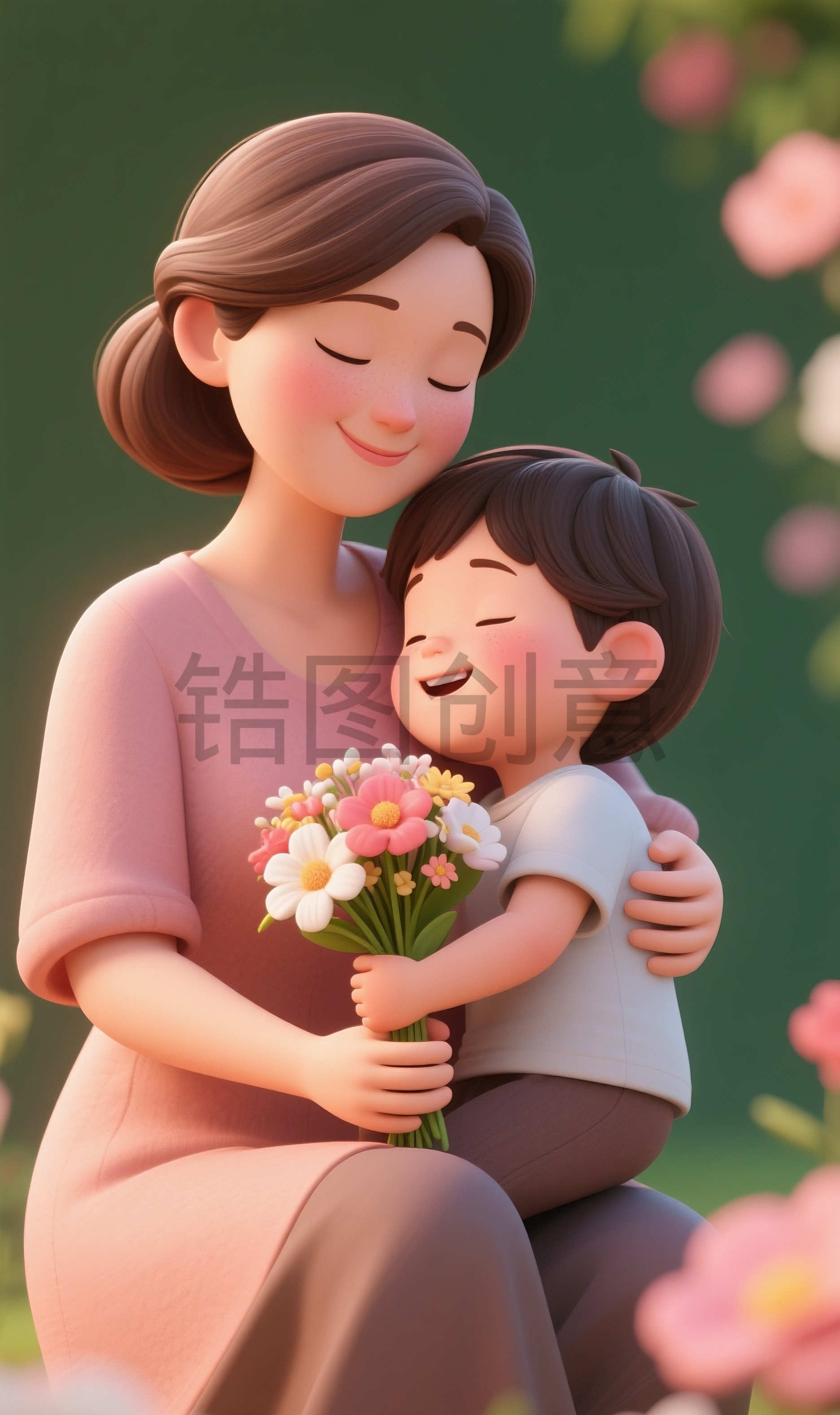 母亲抱着孩子母亲节3d卡通温馨画面
