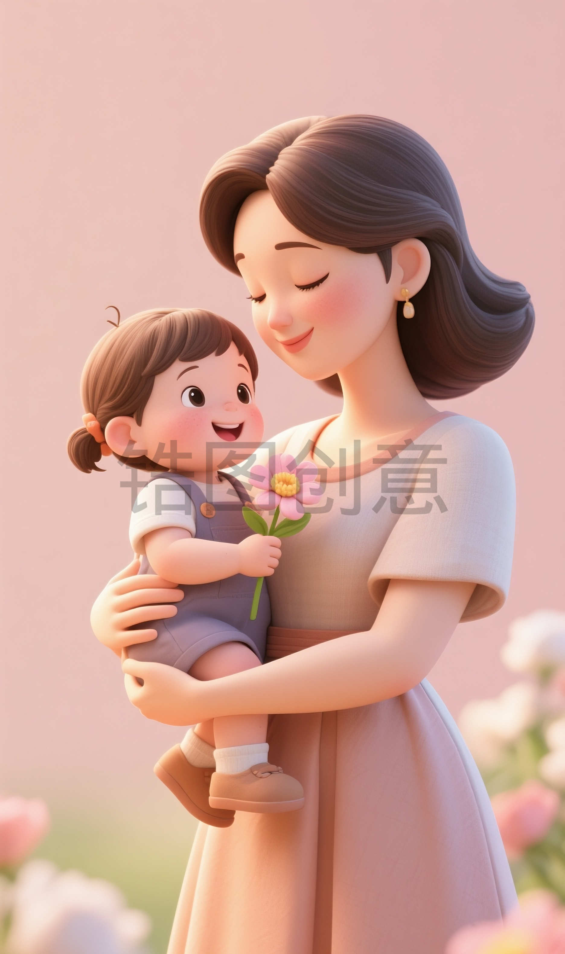 亲子系列母亲抱着孩子母亲节母女3d卡通温馨画面