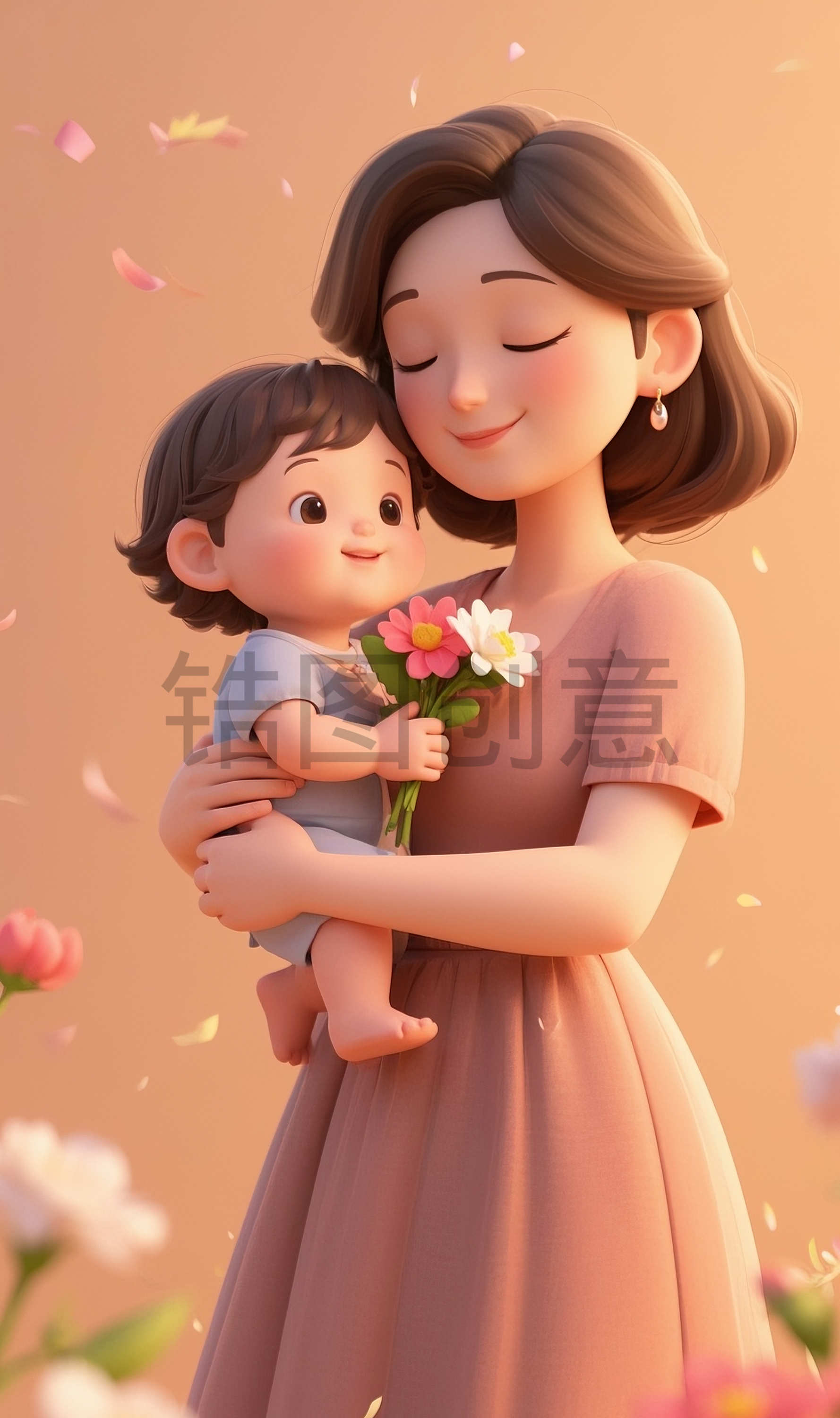 亲子系列母亲抱着孩子母亲节母女3d卡通温馨画面