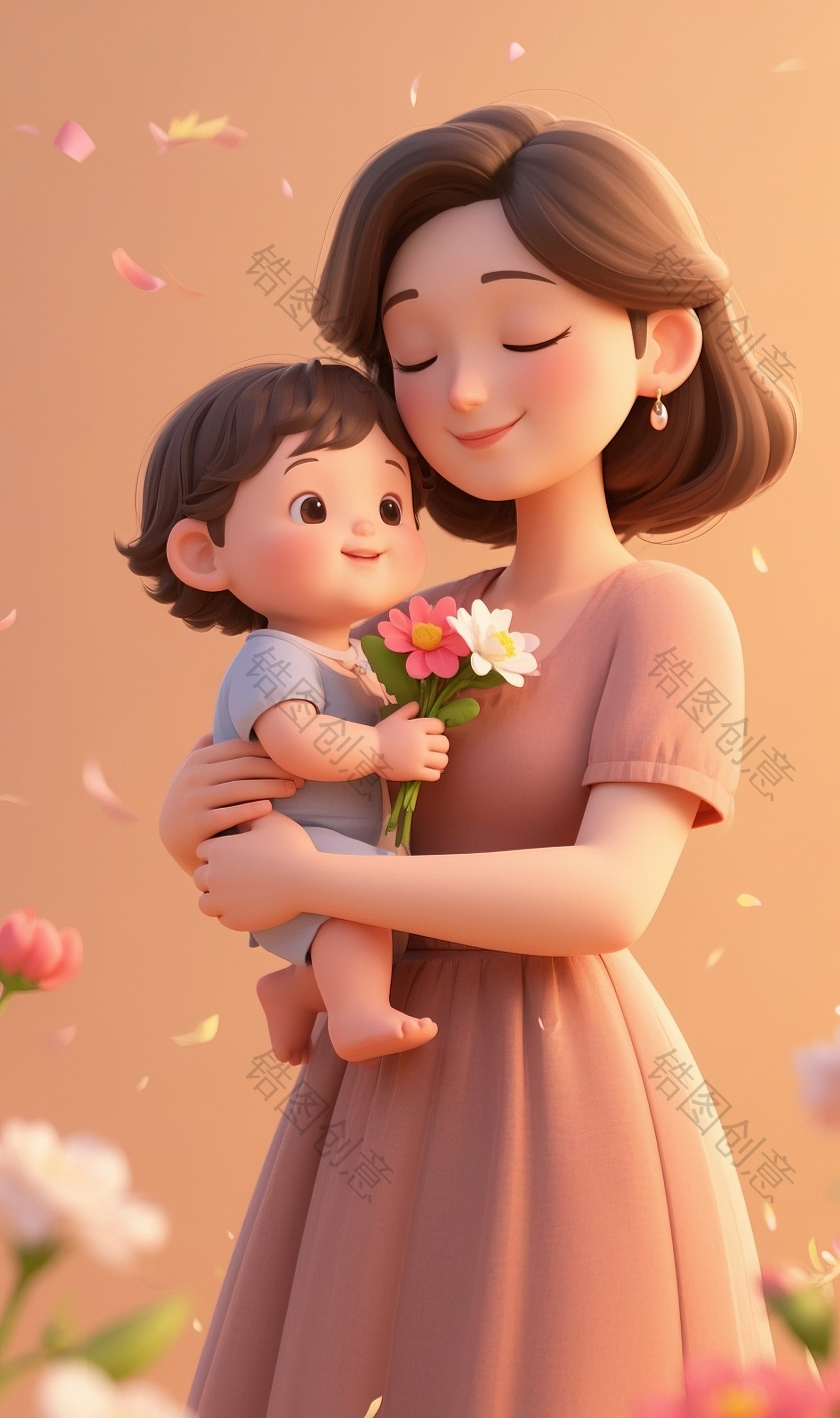亲子系列母亲抱着孩子母亲节母女3d卡通温馨画面