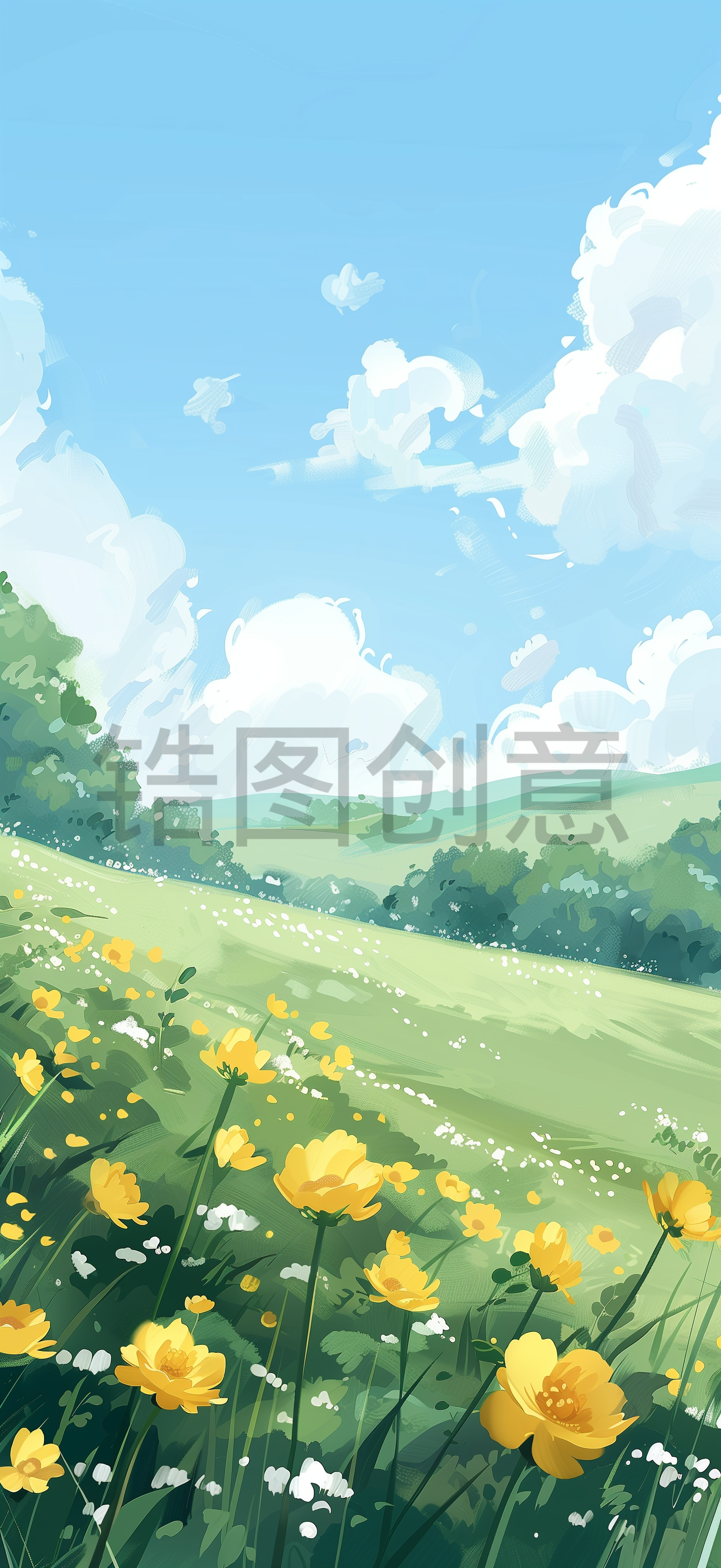 春天，山野，清新，蓝天，白云，绿草，春，春天，新绿，春天背景,插画