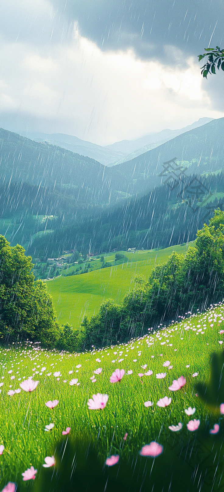 春天雨天田野野花盛开场景