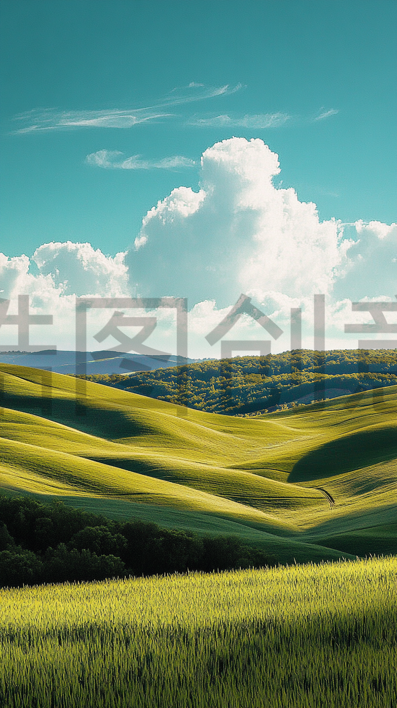 春天起伏的绿草绿地蓝天山野背景