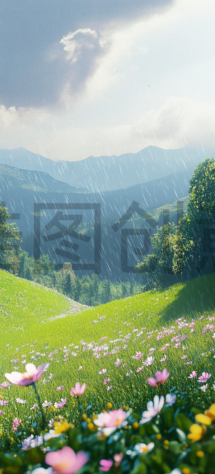 春天雨天田野野花盛开场景
