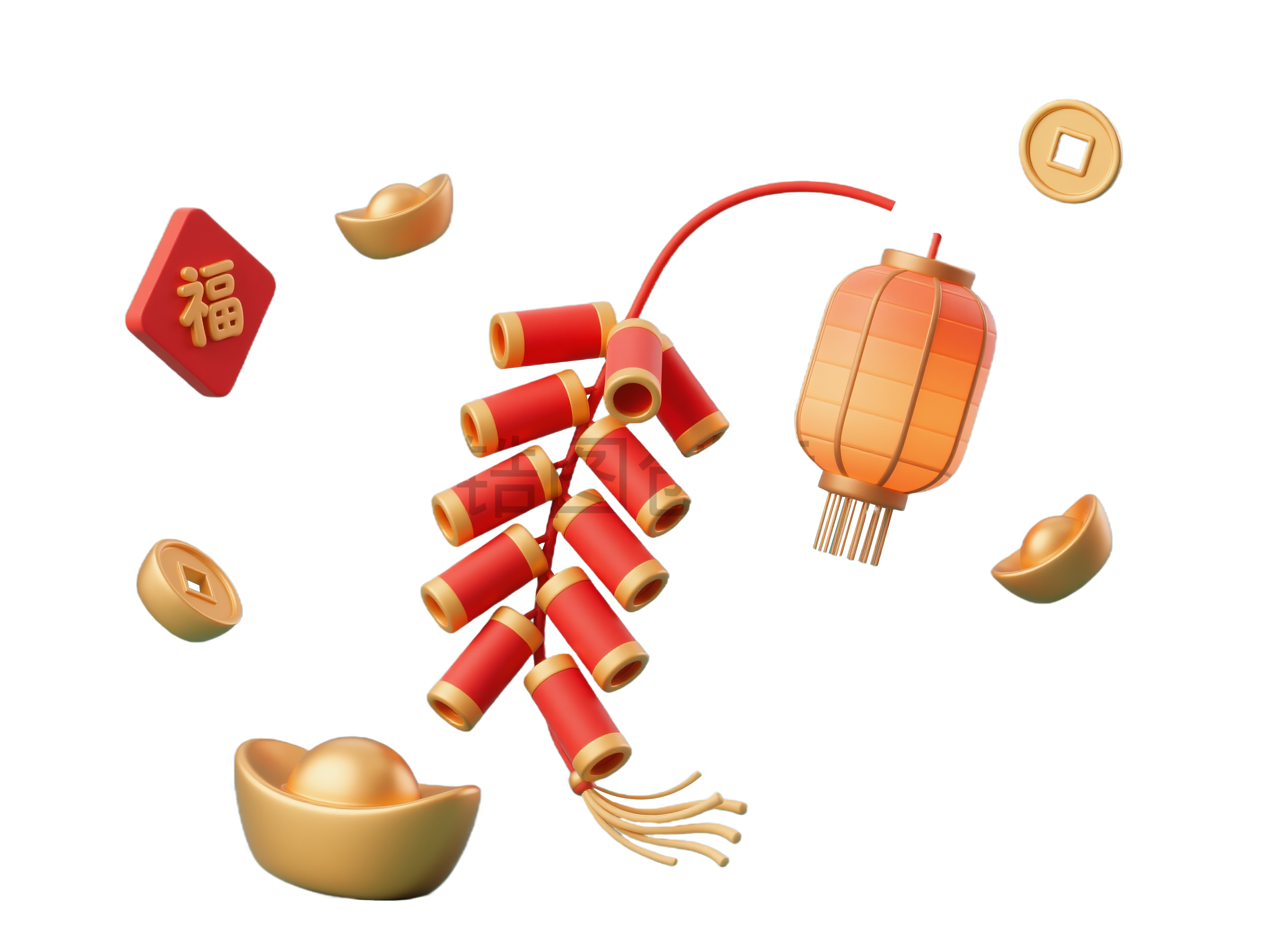 3d卡通新年点缀灯笼鞭炮元宝元素