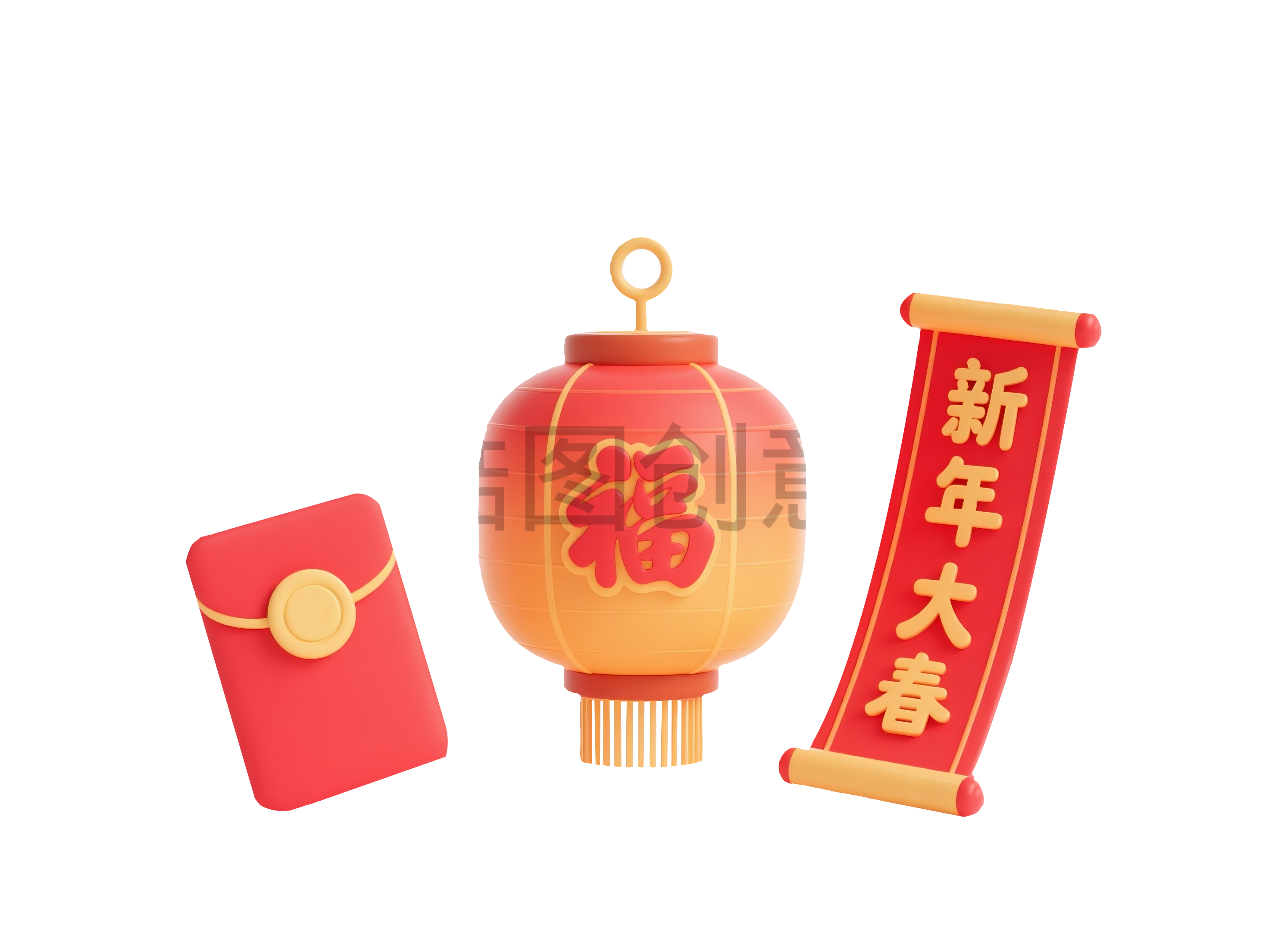 3d卡通新年灯笼红包点缀元素