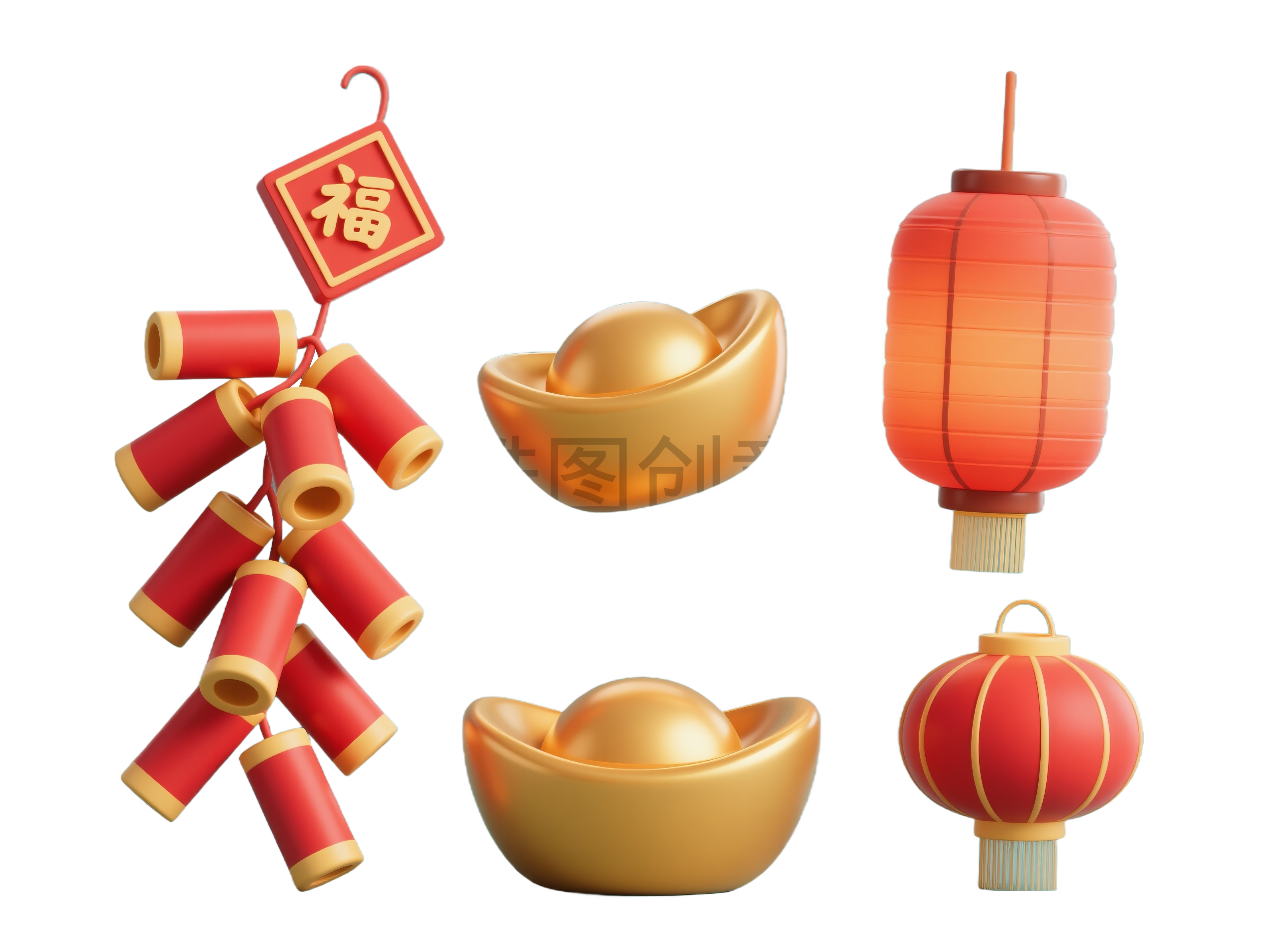 3d卡通新年点缀灯笼鞭炮元宝元素