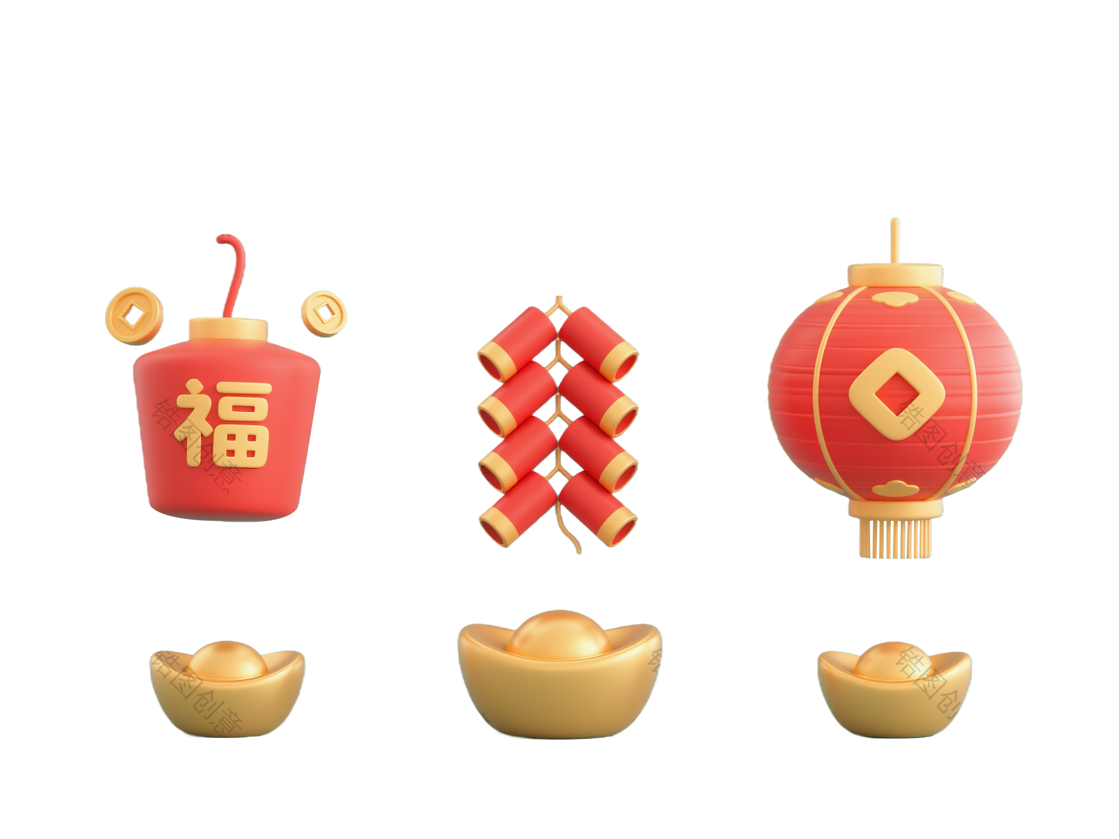3d卡通新年点缀灯笼鞭炮元宝元素