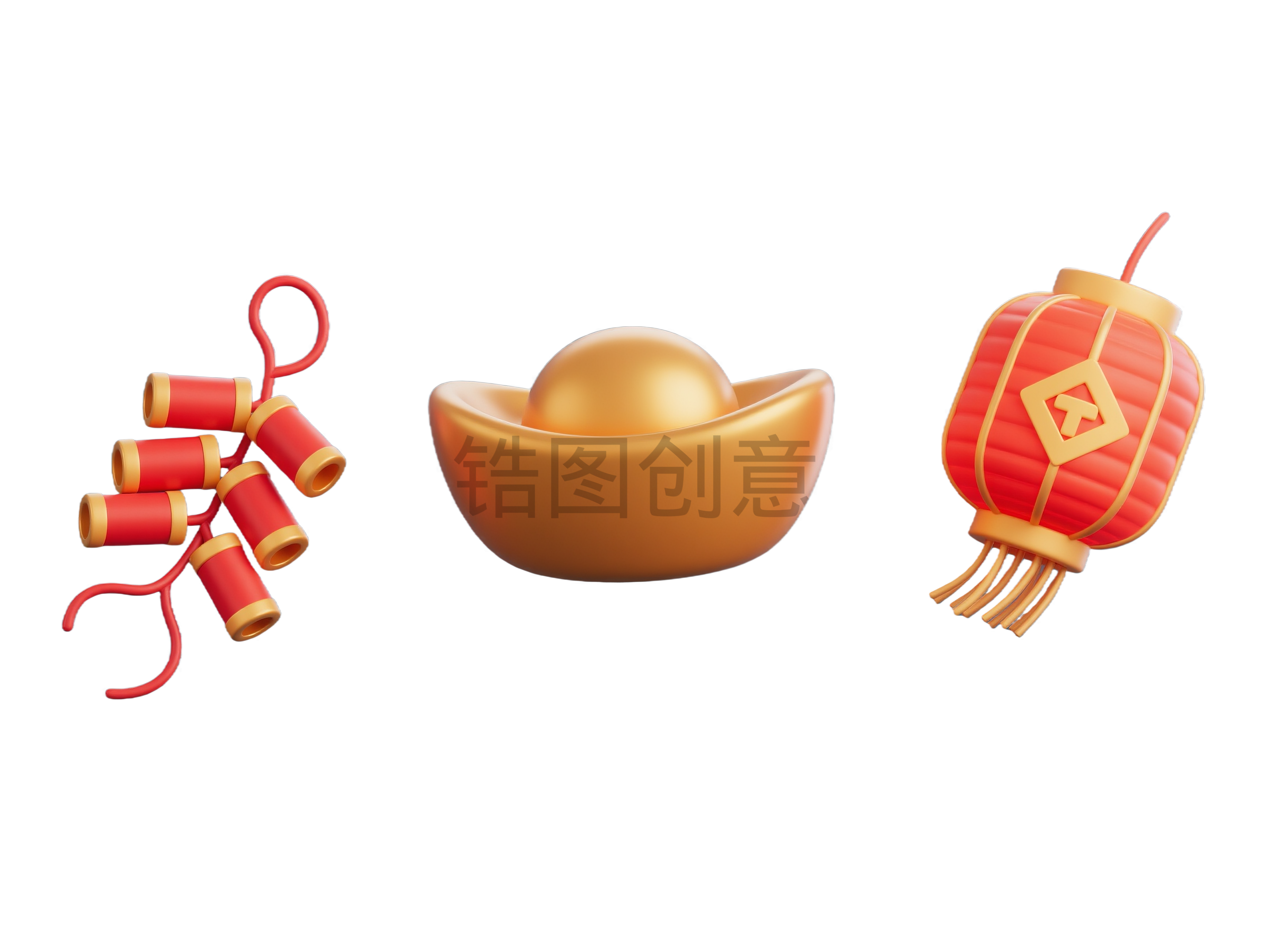 3d卡通新年点缀灯笼鞭炮元宝元素