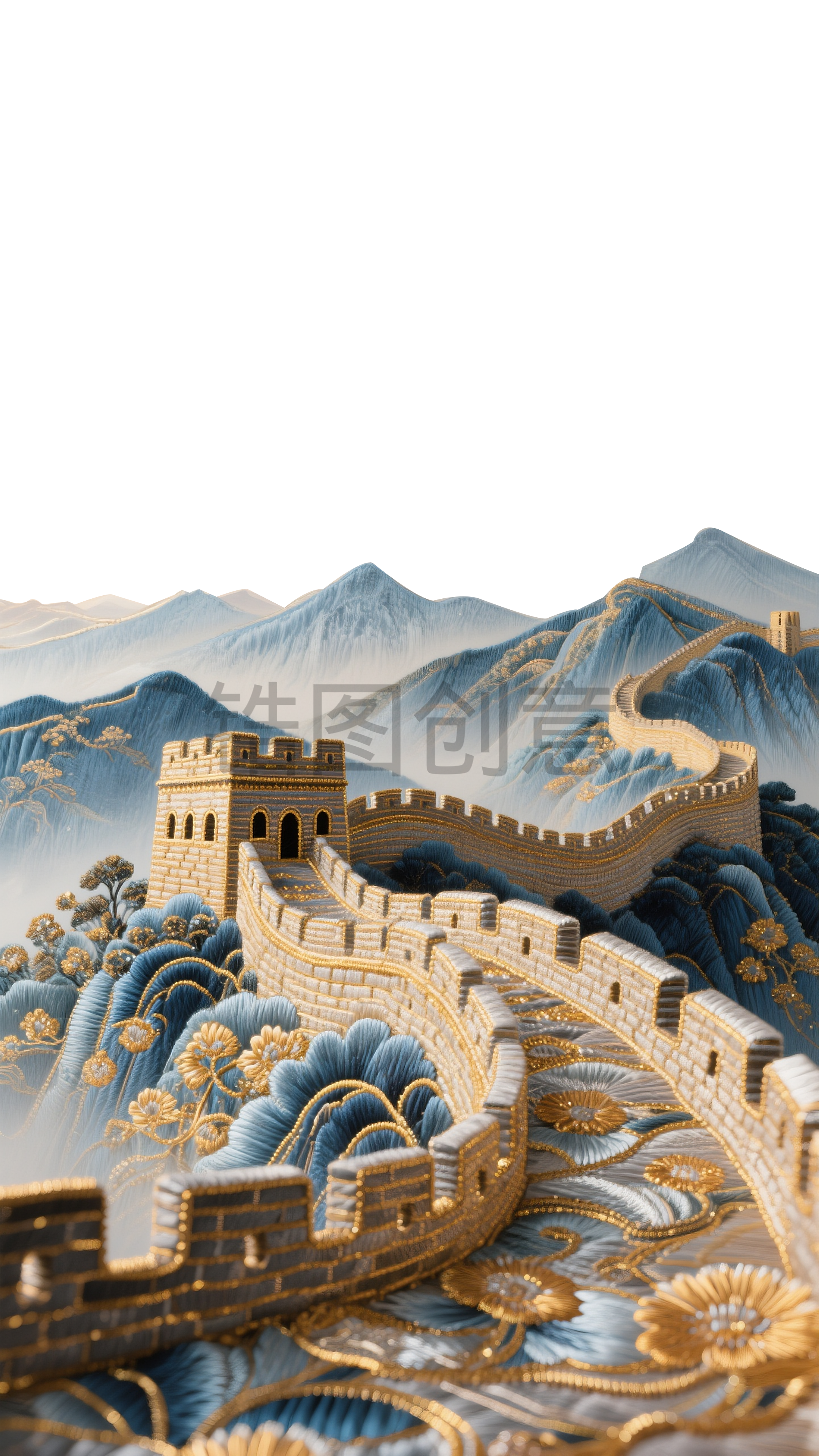 刺绣立体秀丽山河长城背景