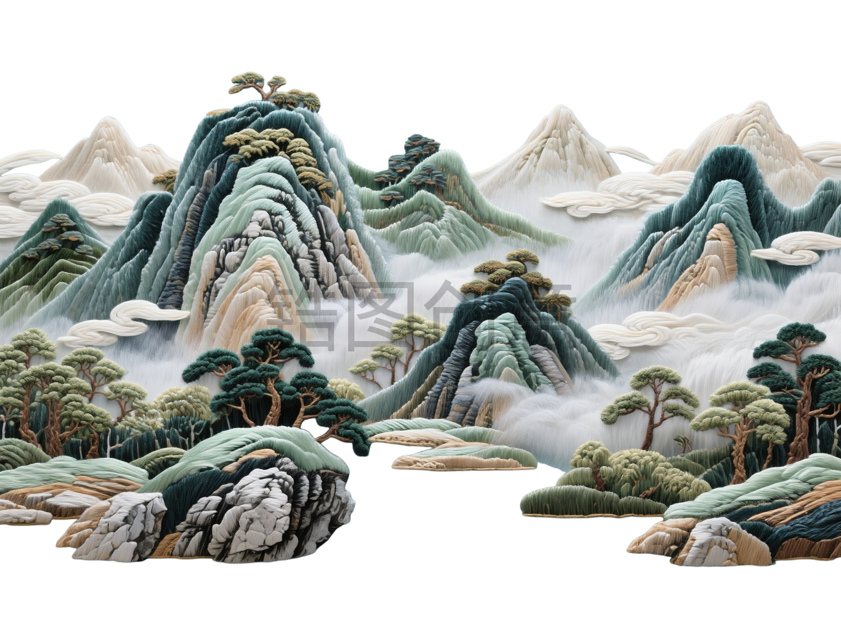 国风刺绣河山立体元素
