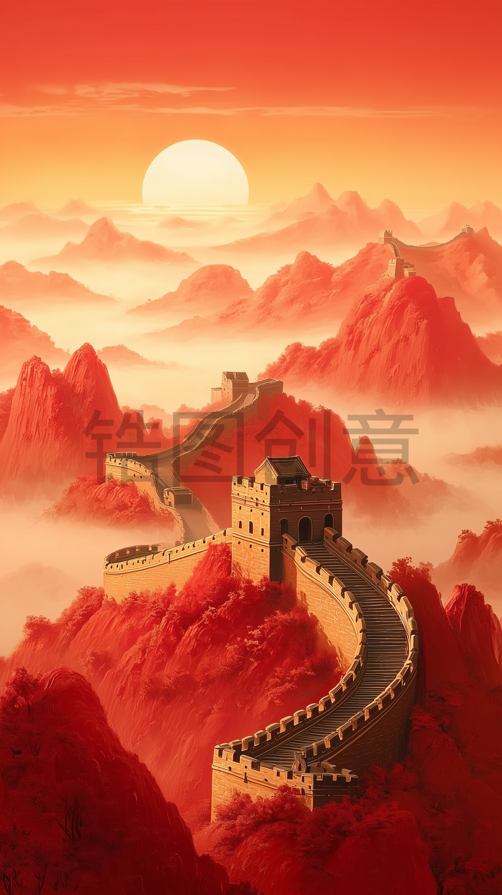 国庆节弥散渐变山水长城天空太阳组合背景