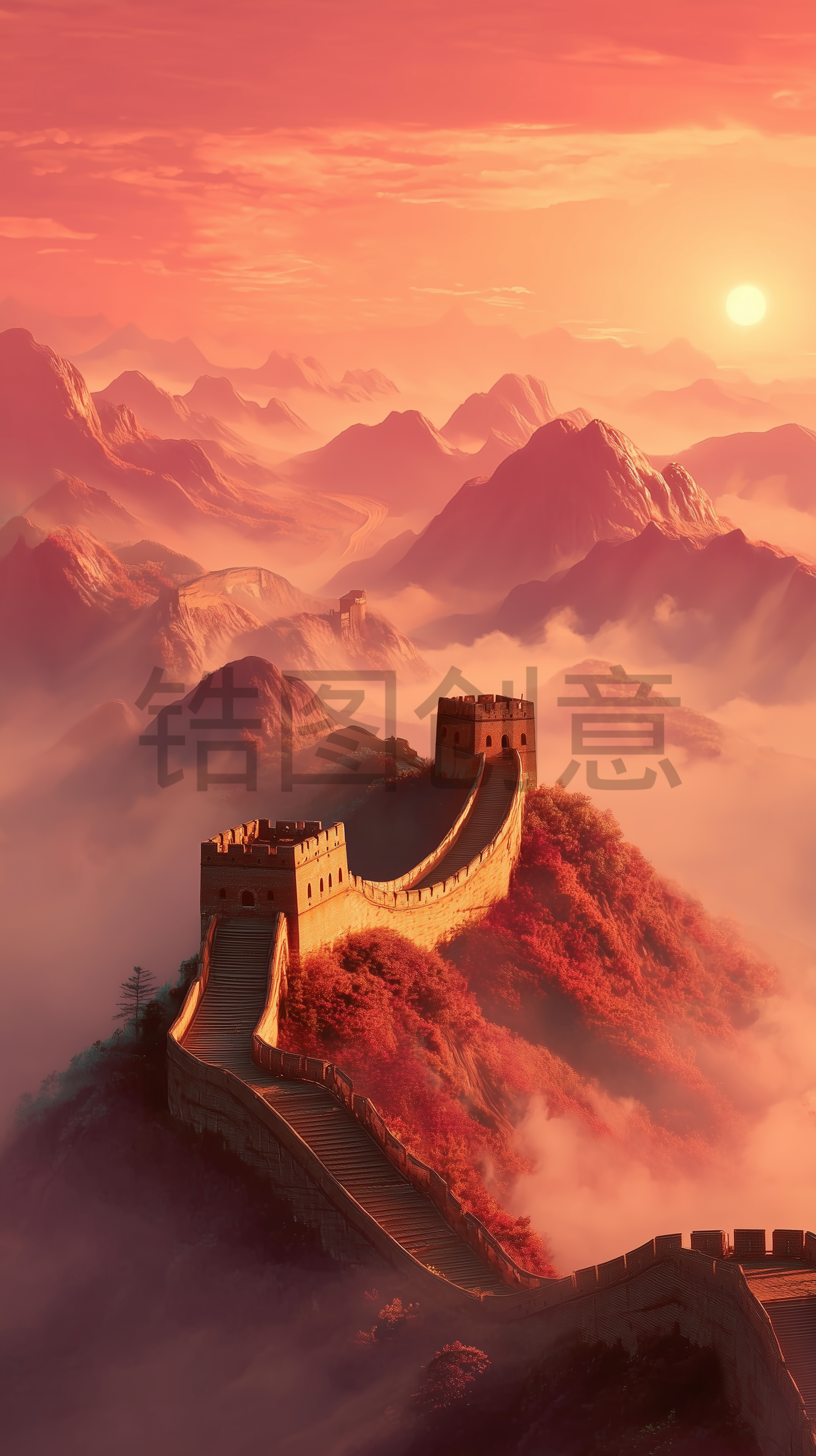 国庆节弥散渐变山水长城天空太阳组合背景
