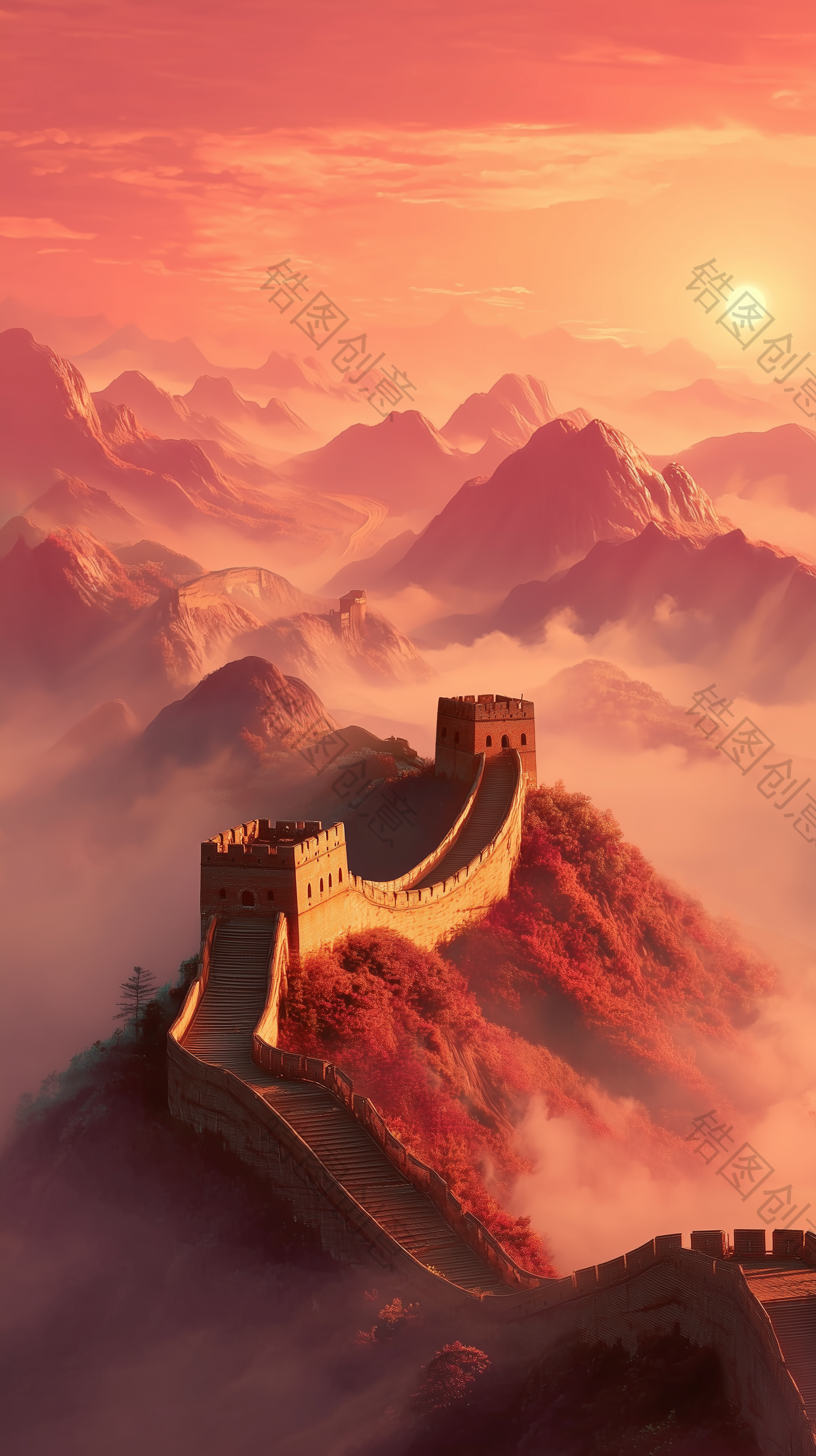 国庆节弥散渐变山水长城天空太阳组合背景