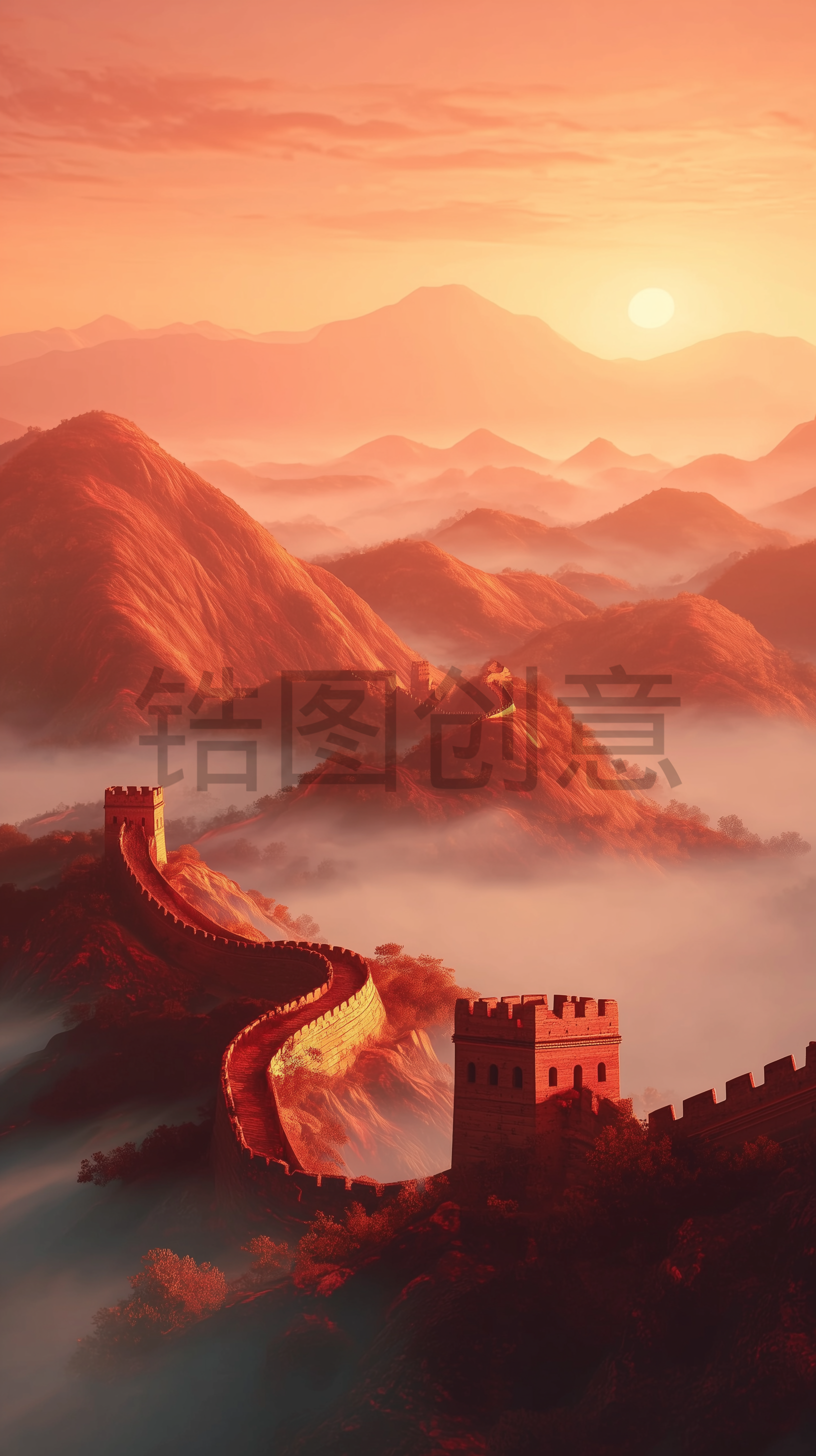 国庆节弥散渐变山水长城天空太阳组合背景