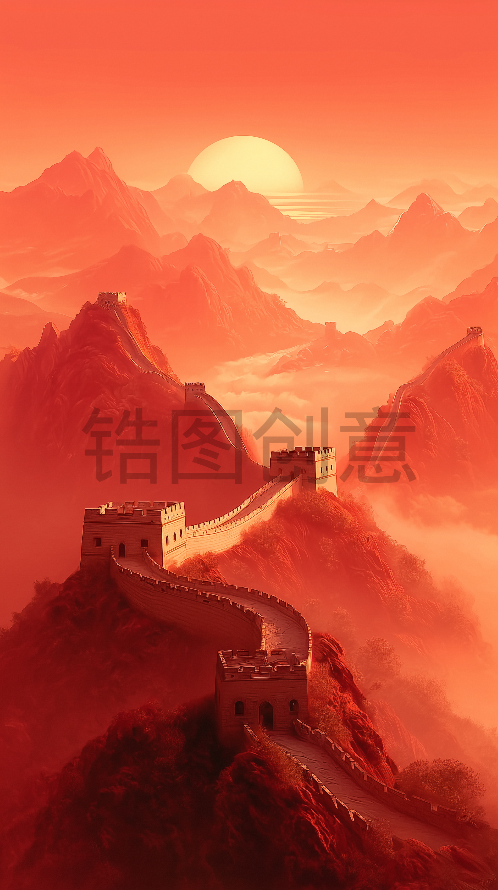 国庆节弥散渐变山水长城天空太阳组合背景