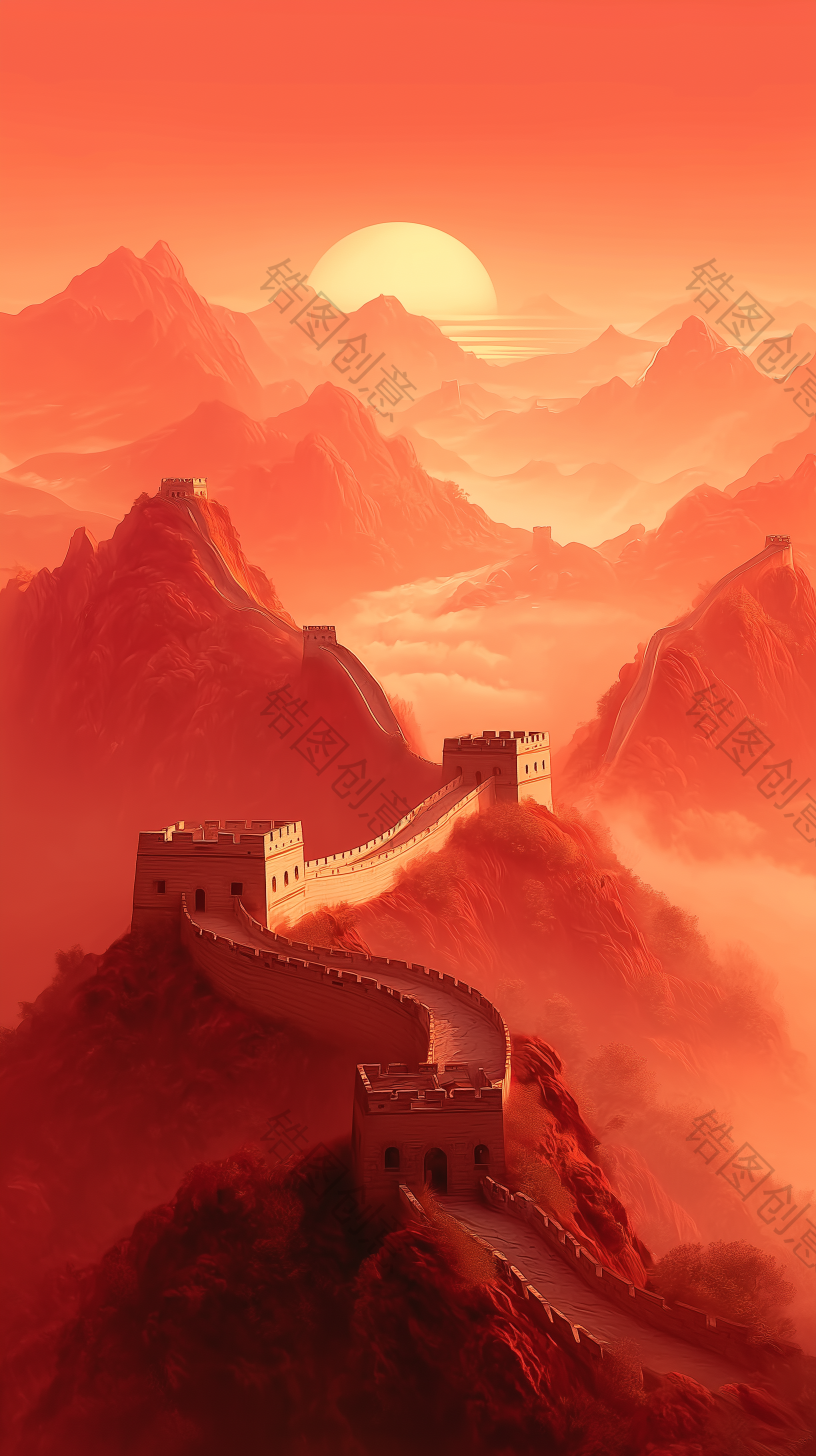 国庆节弥散渐变山水长城天空太阳组合背景