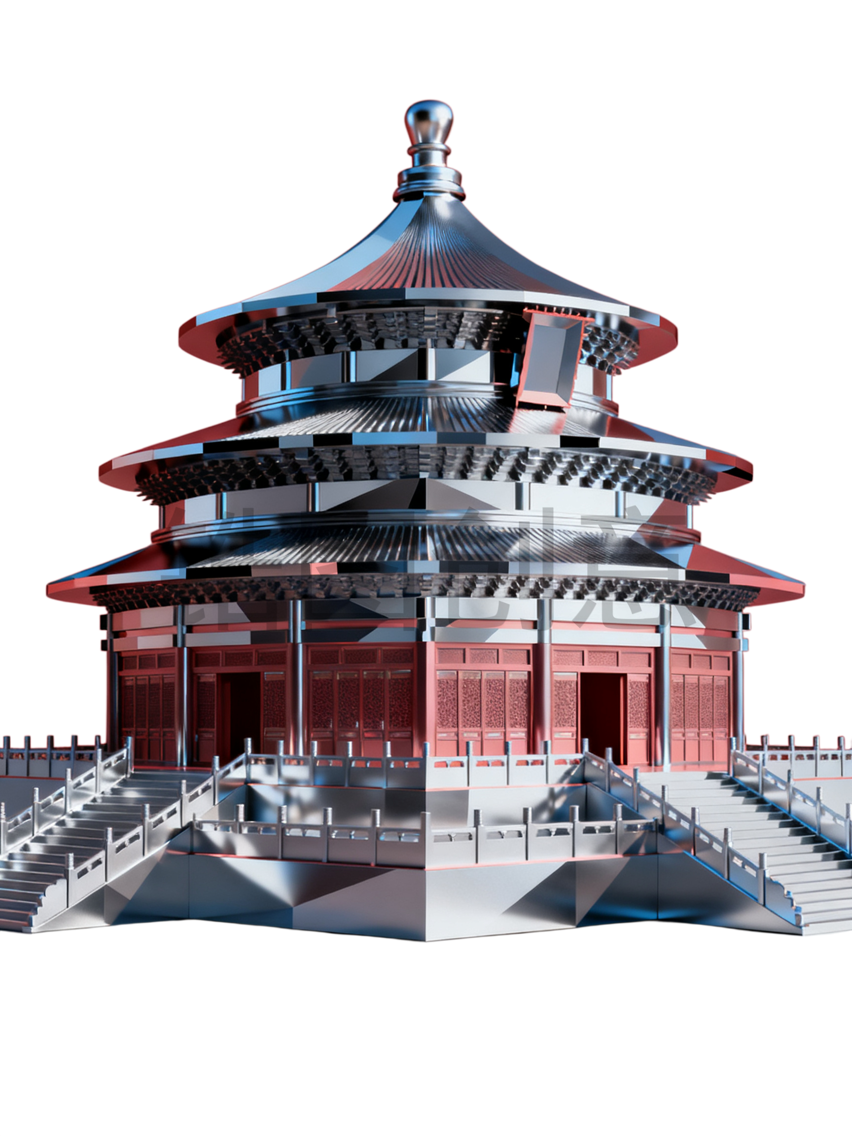 3d几何构成金属质感国风古风建筑元素