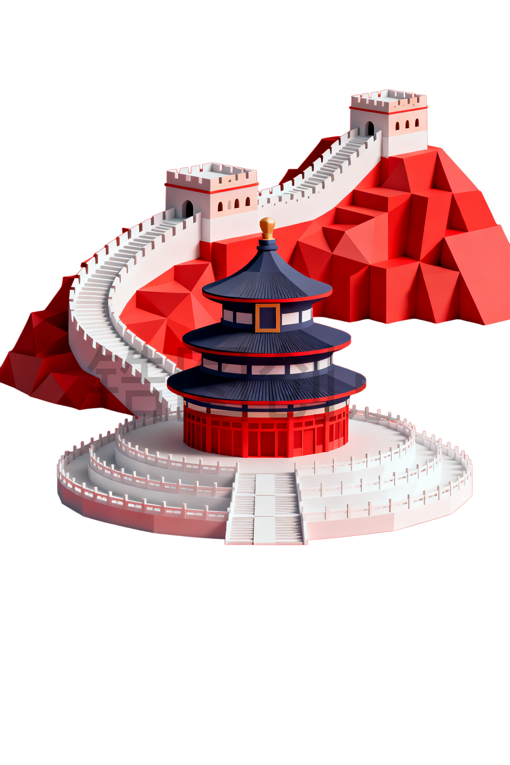 3d几何国风古风天坛长城建筑组合元素