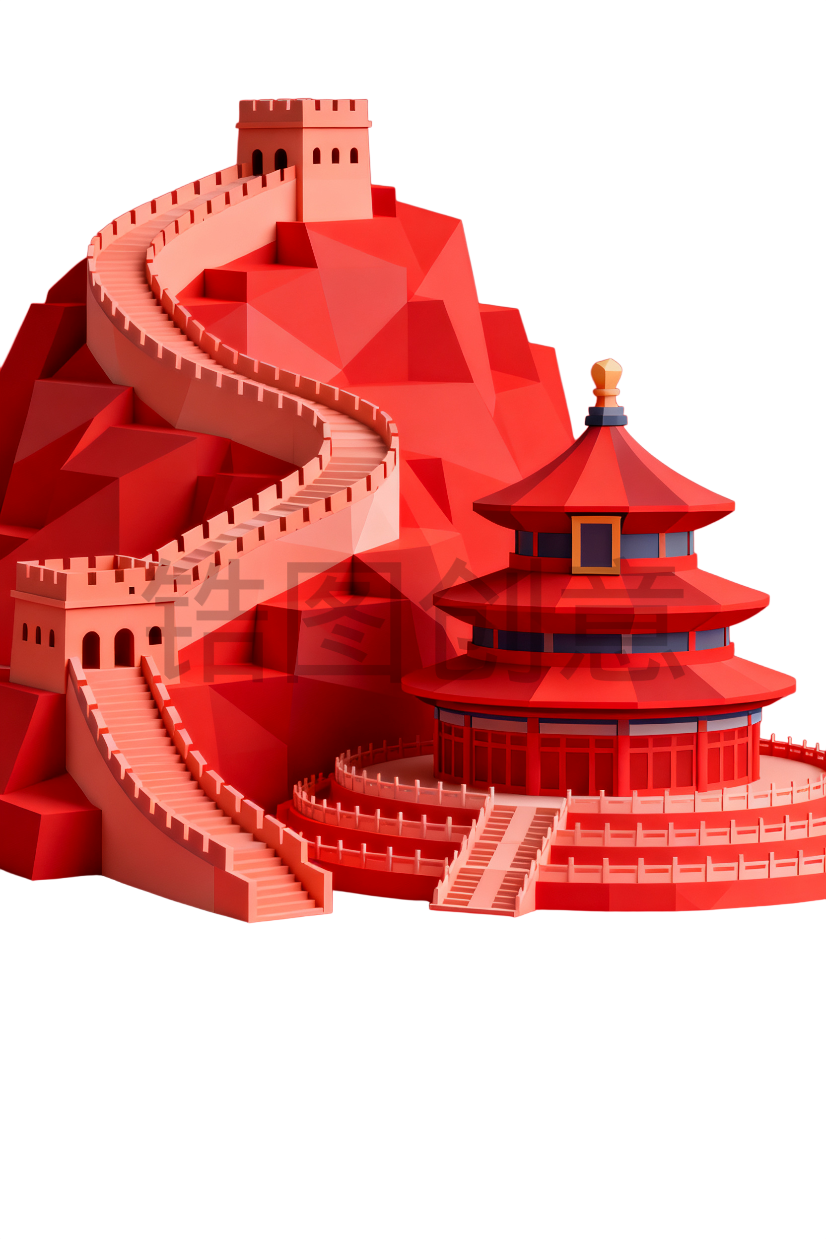 3d几何构成国风古风长城天坛建筑组合元素